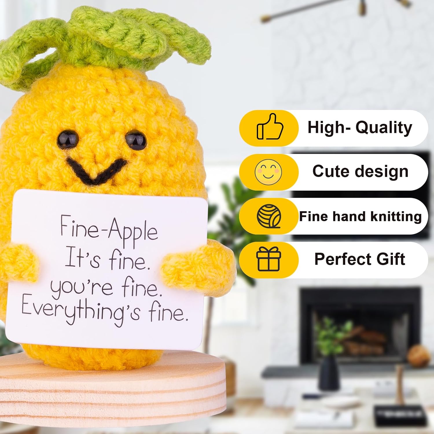 Handcrafted Emotional Support Pineapple Knit Ornament with Card and Base