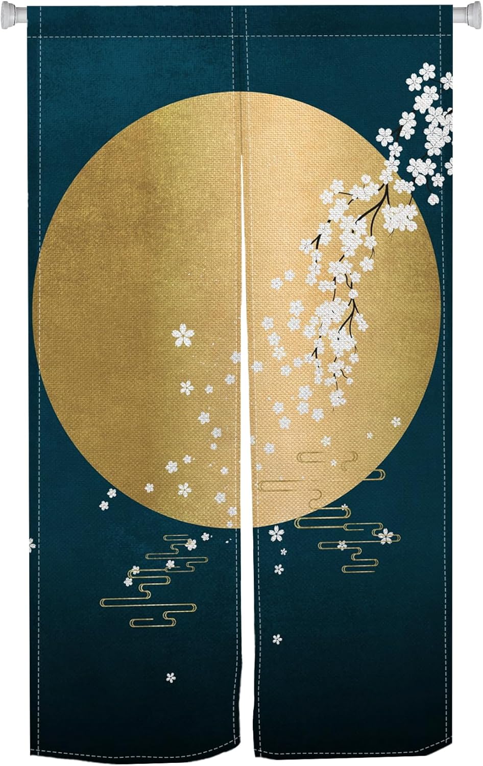Japanese Noren Door Curtain with Ukiyoe Round Moon Print 34x60 Inches