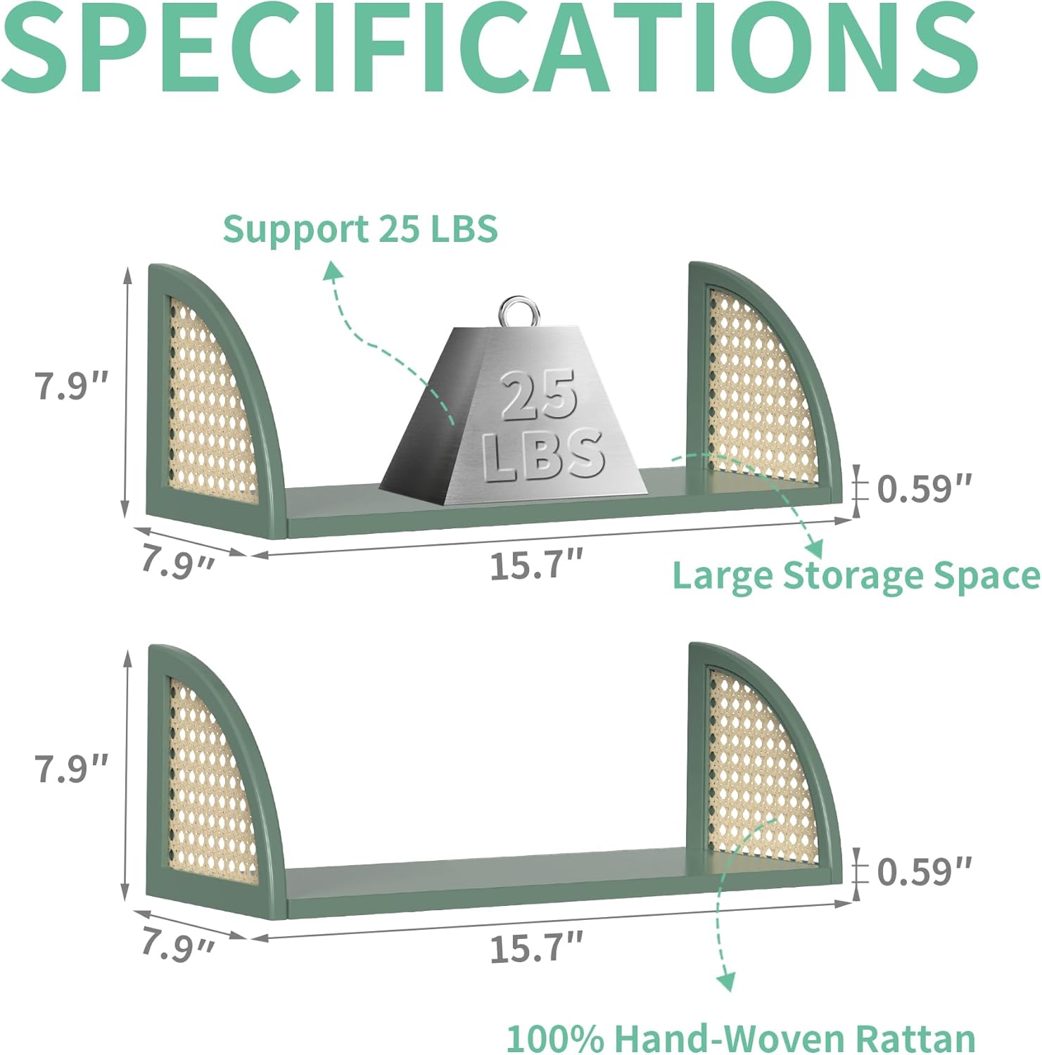 PJCOLL 16 Inch Rattan Wall Shelf - Green