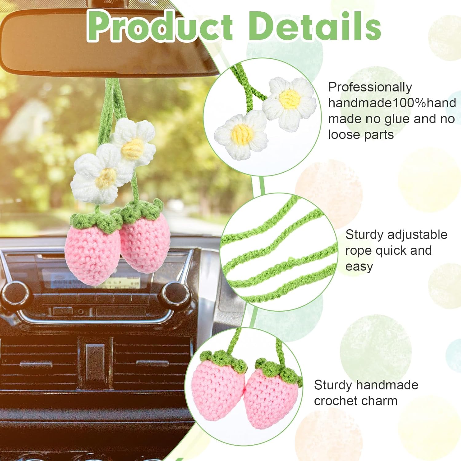 Crochet Car Mirror Hanger Strawberry Flower Girly Decoration