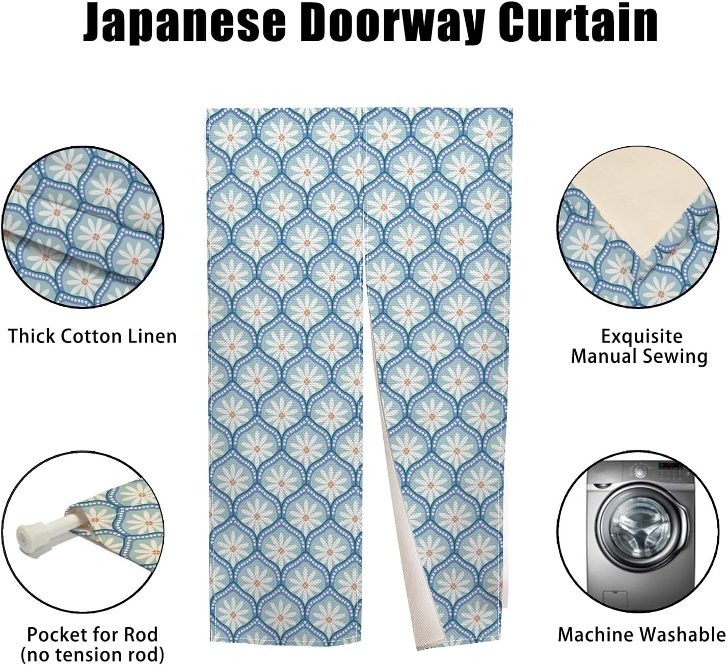 Traditional Japanese Noren Door Curtain 335x59 inch Blue Chrysanthemum