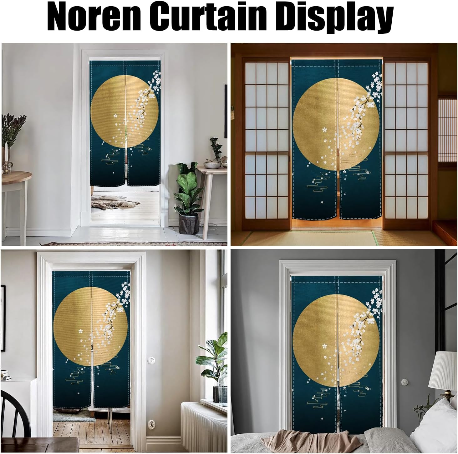 Japanese Noren Door Curtain with Ukiyoe Round Moon Print 34x60 Inches