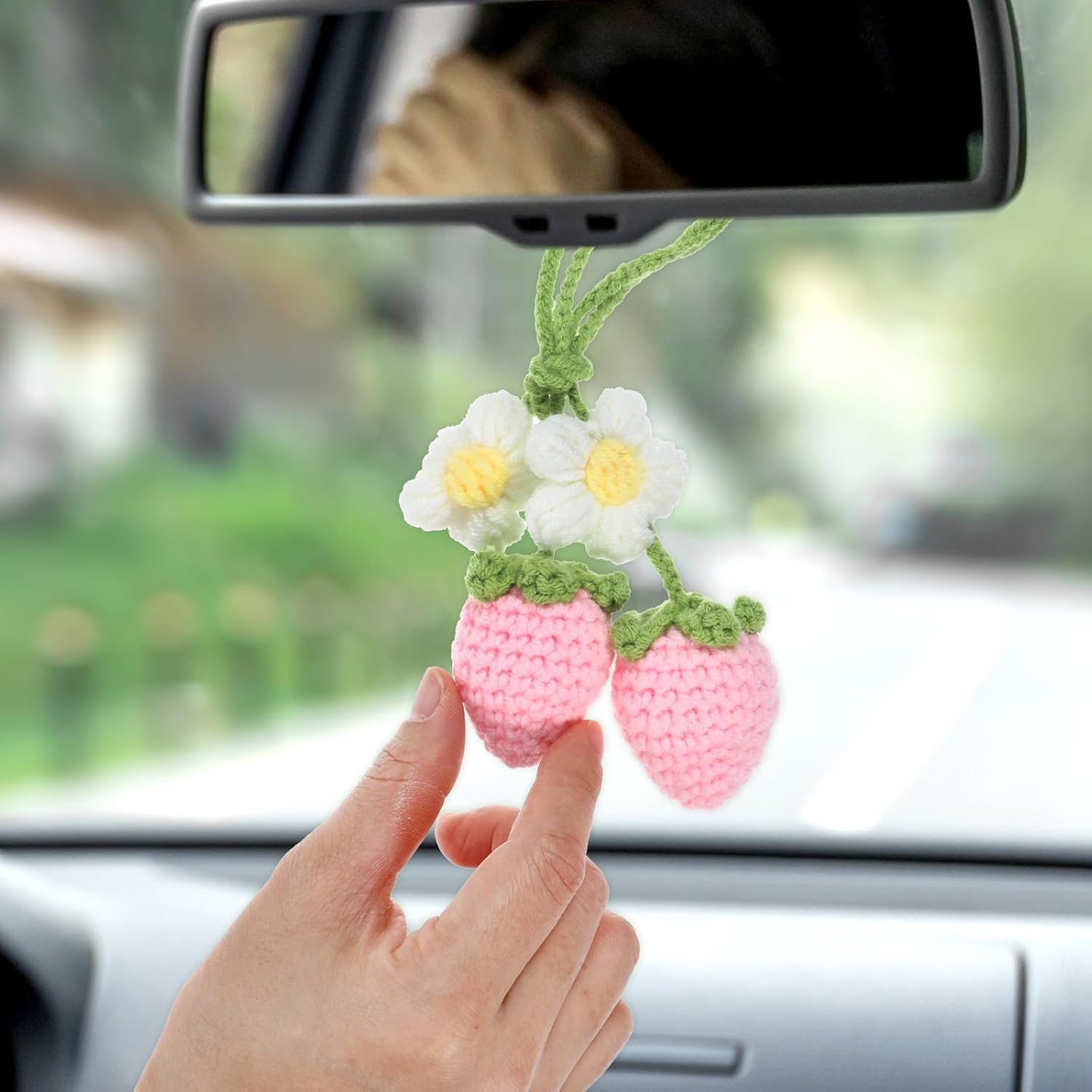 Crochet Car Mirror Hanger Strawberry Flower Girly Decoration