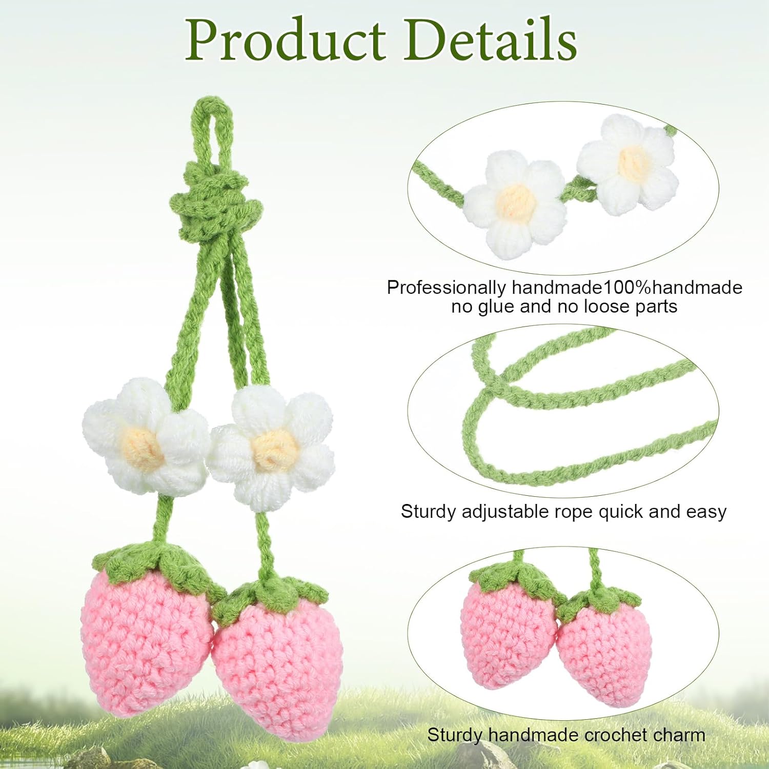 2 Pack Crochet Strawberry Flower Car Hanging Ornaments for Women