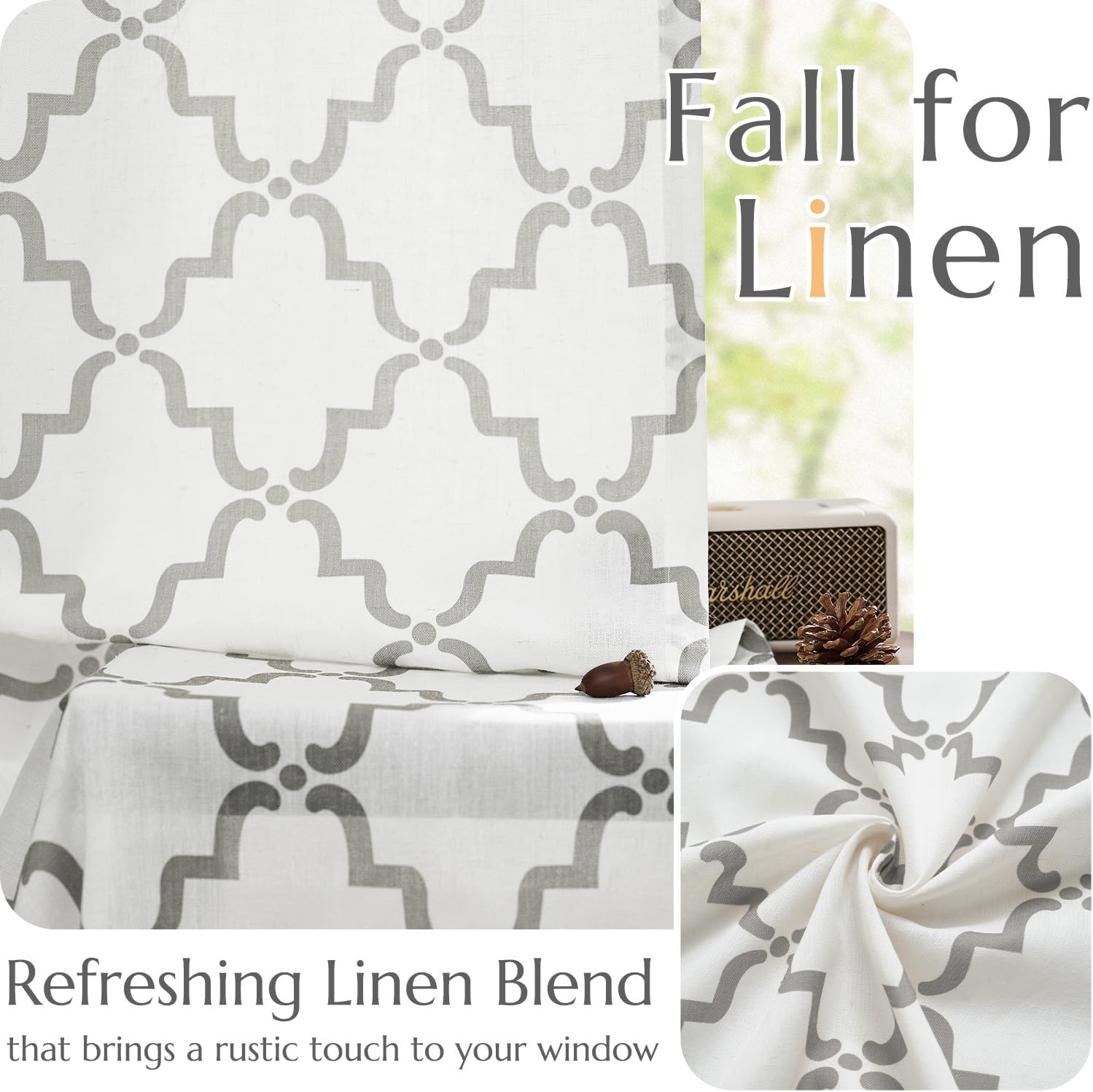 Jinchan Linen Curtains Moroccan Trellis Print Grey 2 Panels Rod Pocket