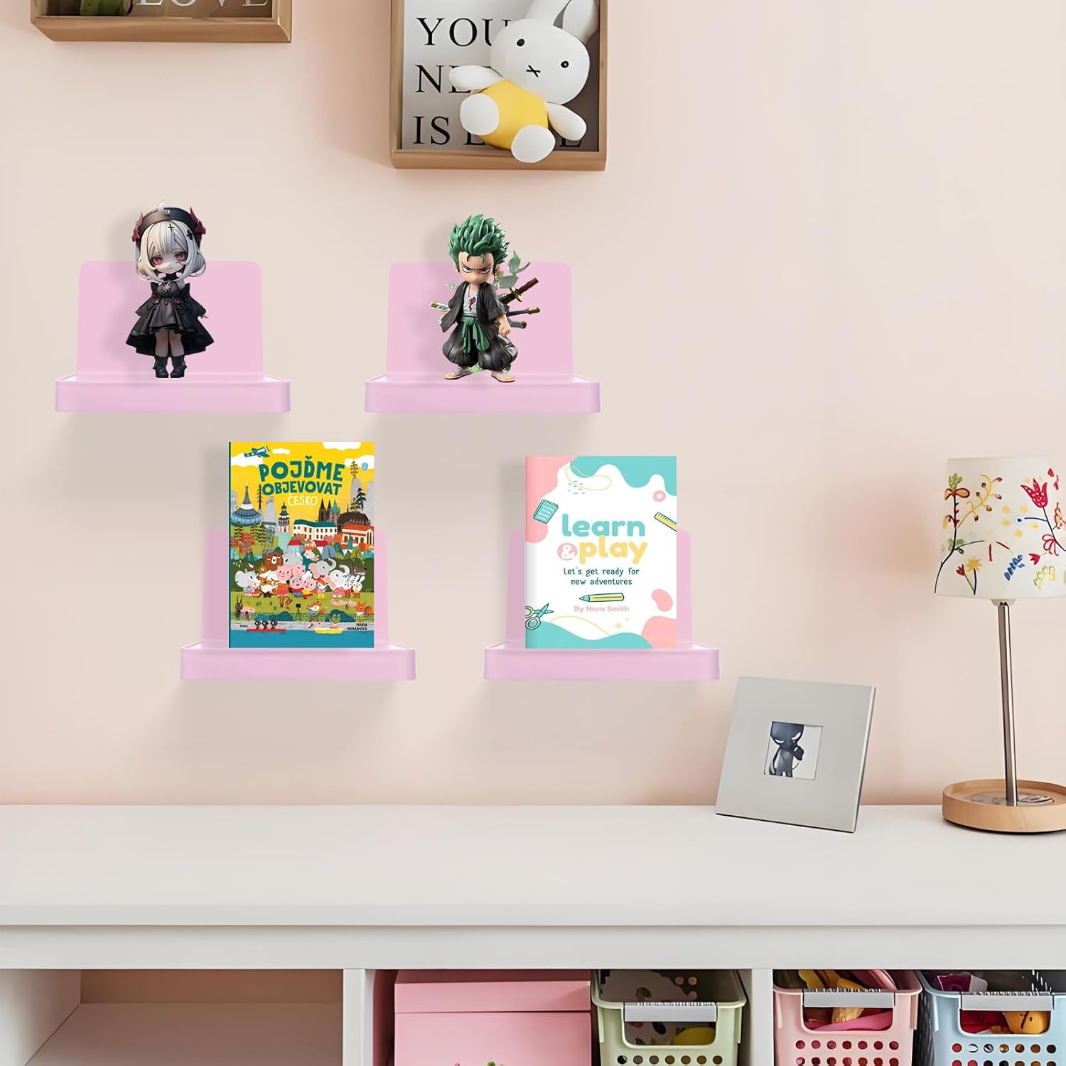 Set of 6 Small Floating Wall Shelves in Pink