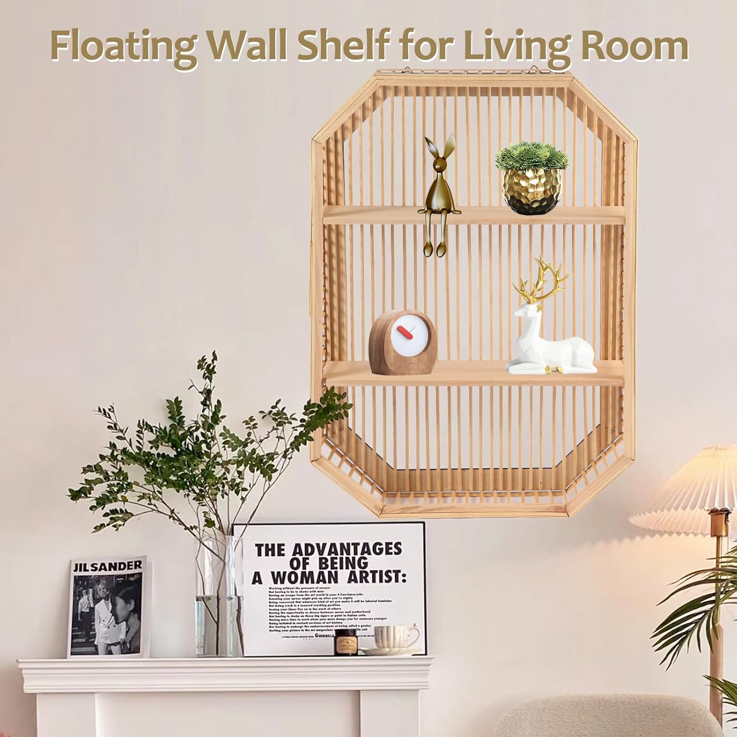 TOEEBR Square Floating Wall Shelf 2 Tier Bamboo Decor