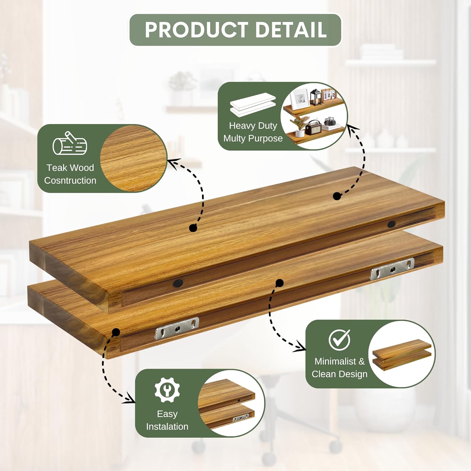 Teak Wood Floating Shelves 17x67 Pack of 2