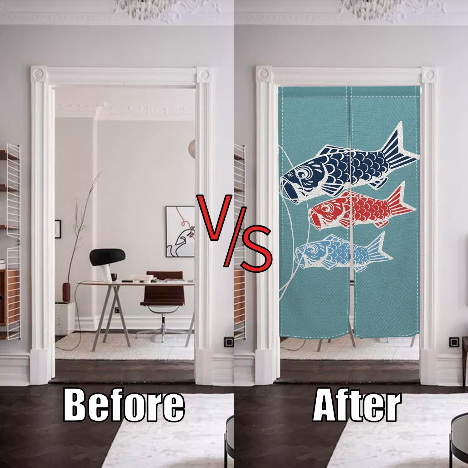 Traditional Long Style Japanese Noren Door Curtain with Blue Fishes Print