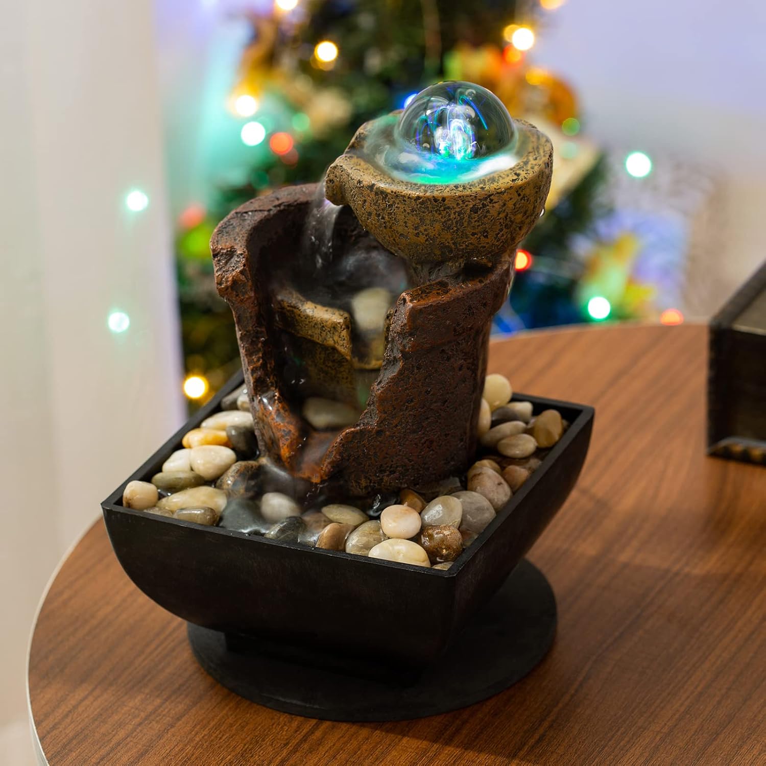AMOOTEK Tabletop Fountain with LED Lights and Bubble Bubbles