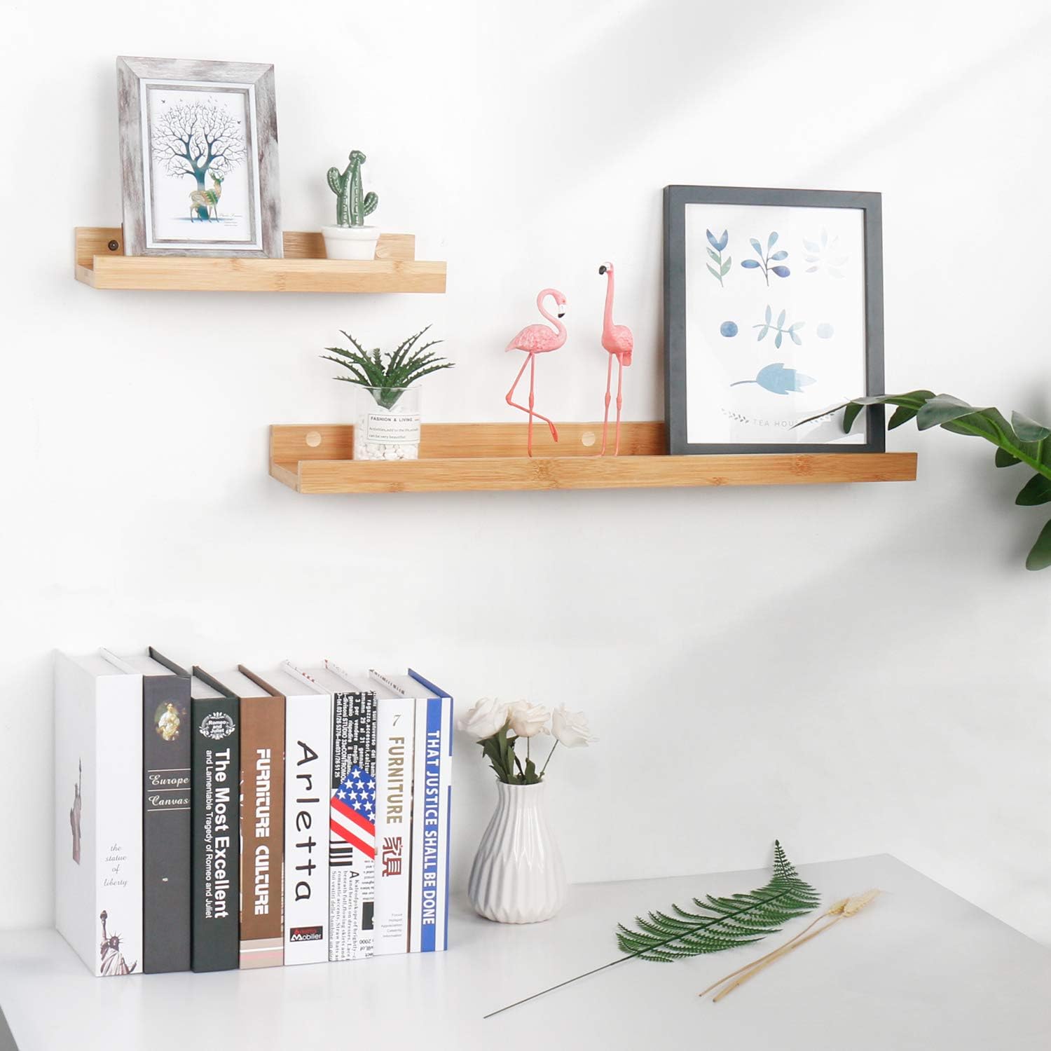 Natural Bamboo Floating Shelves Wall Mounted Decor Organizer