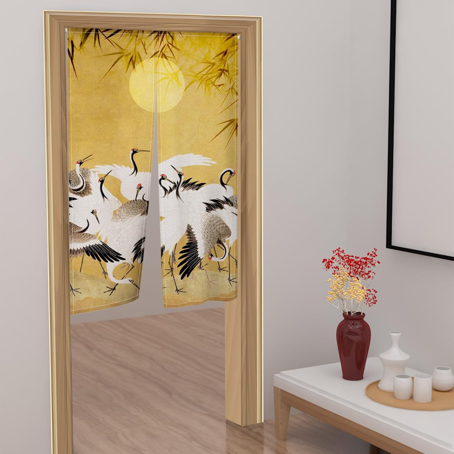 Japanese Style Cranes Full Moon Bamboo Door Curtain 34x60