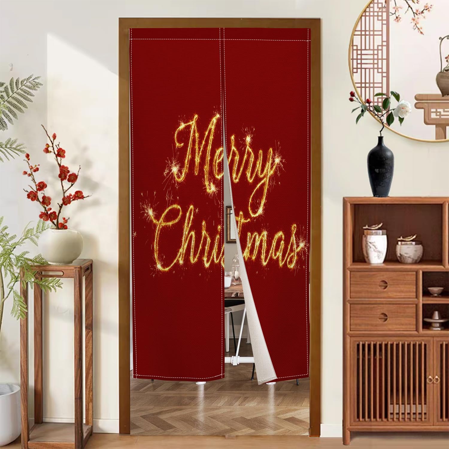 Long Japanese Noren Door Curtain with Red Christmas Print