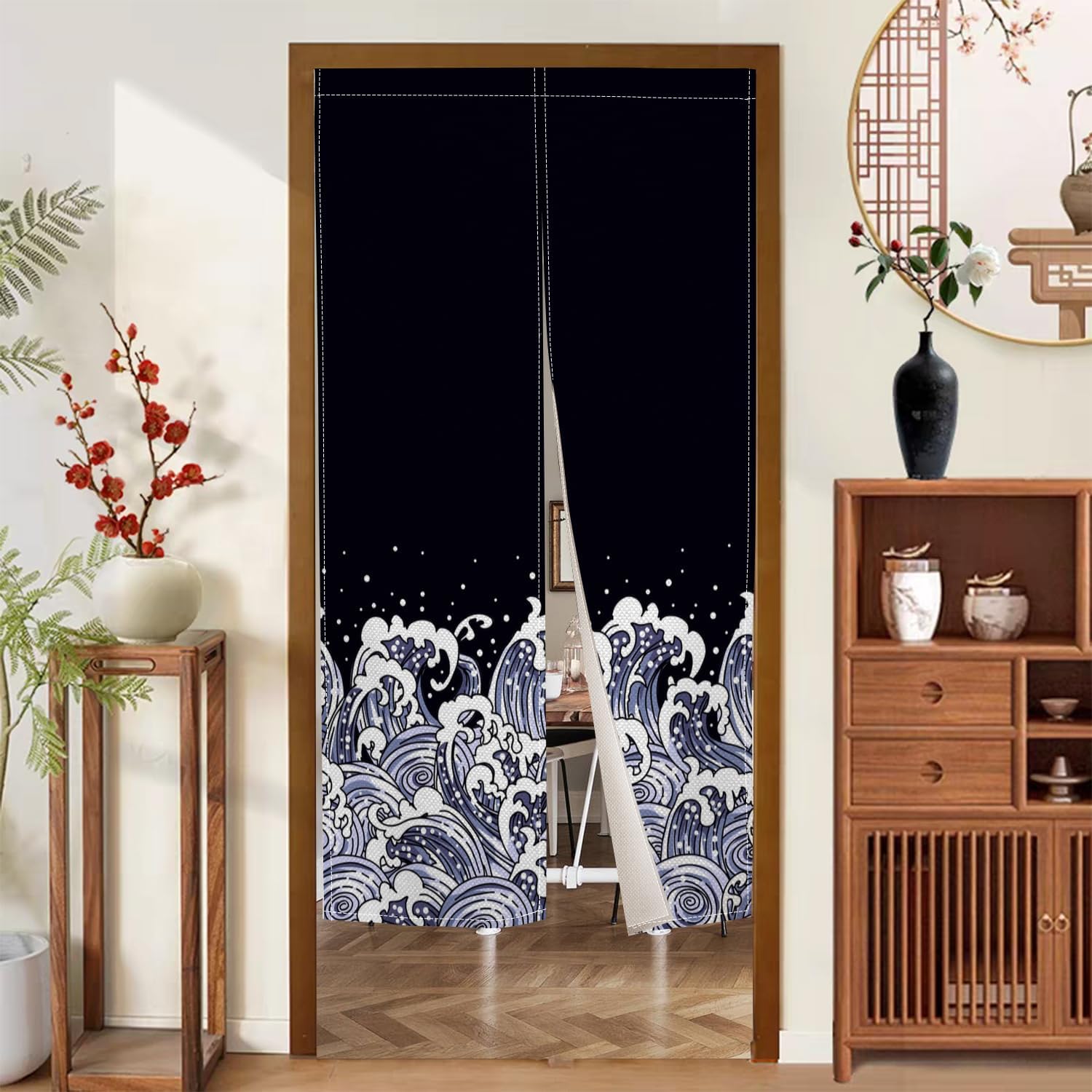 Noren Doorway Curtain Navy Blue Waves Pattern Panel
