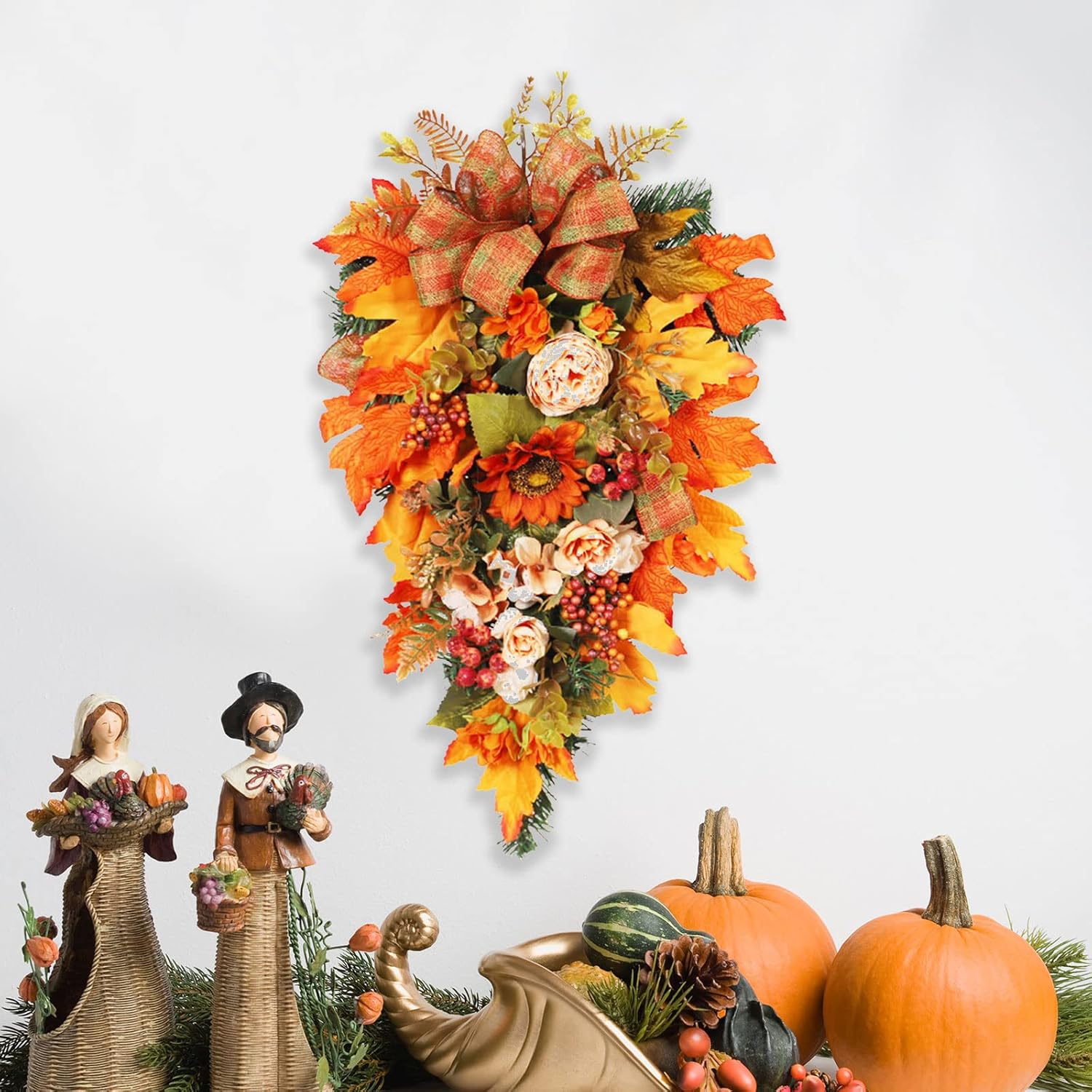 Fall Harvest Teardrop Wreath with Lights