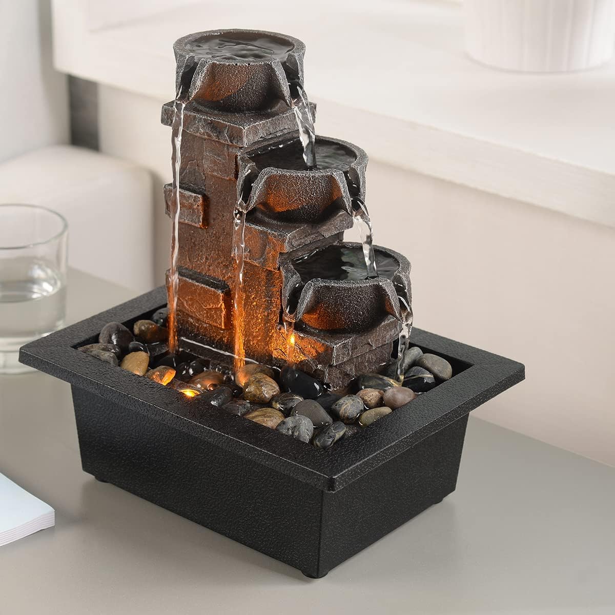 GOSSI 3-Tier Stone Wall Tabletop Fountain with LED Lights