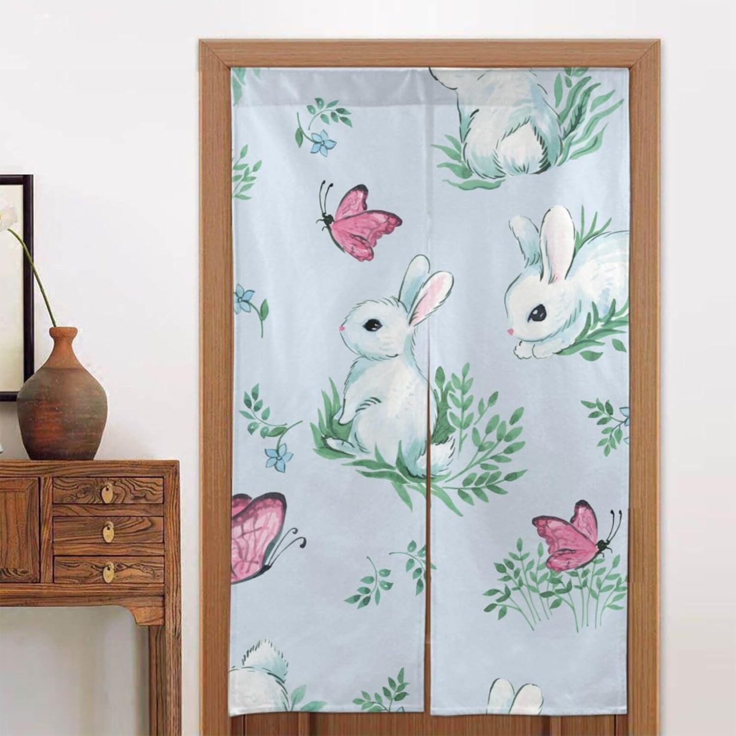 Japanese Doorway Curtain White Rabbit and Butterfly Design