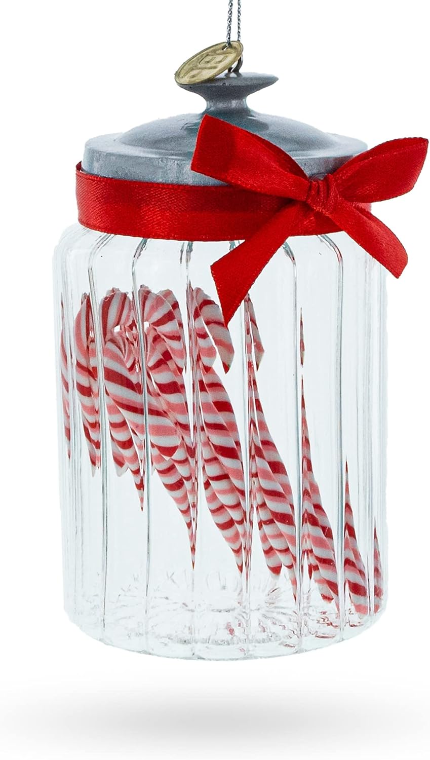 Festive Candy Cane Jar Glass Christmas Ornament