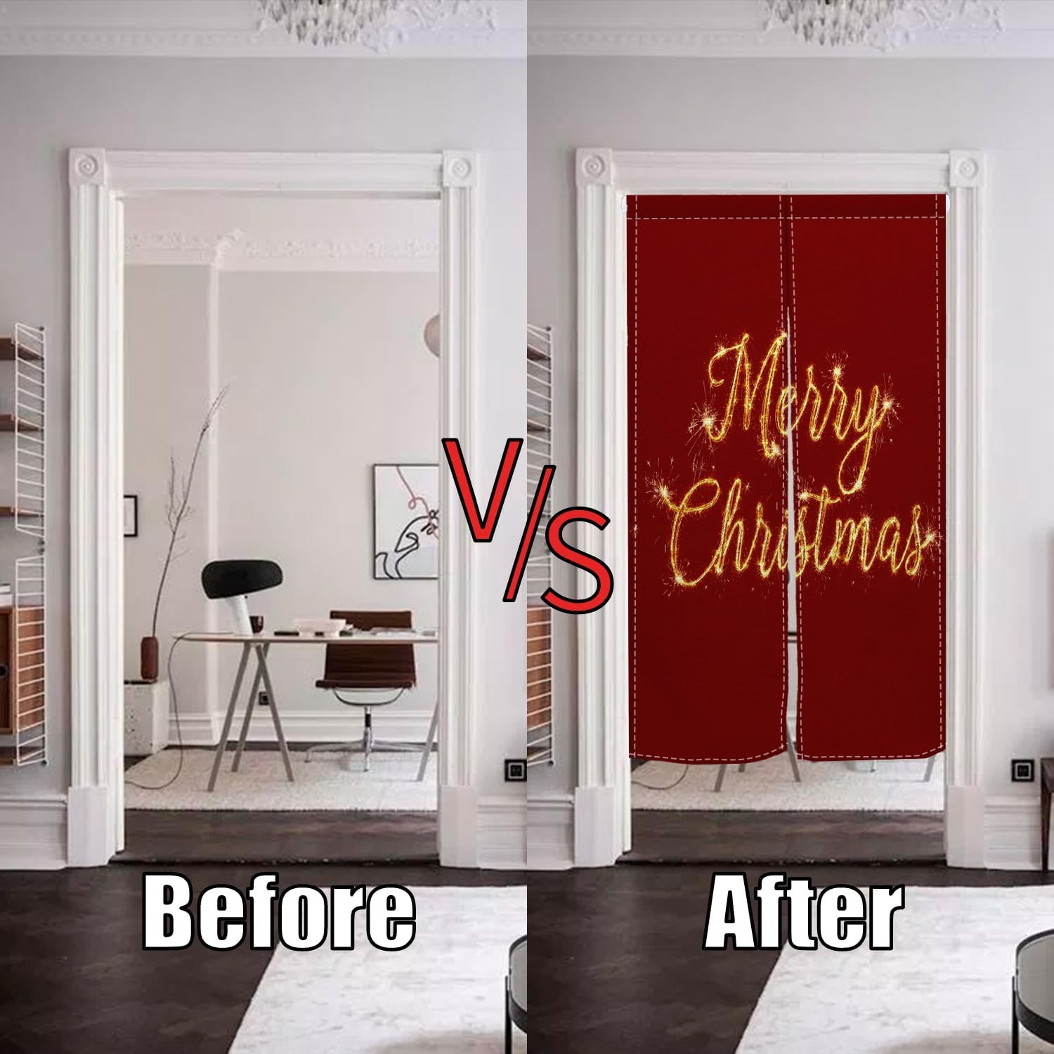 Long Japanese Noren Door Curtain with Red Christmas Print