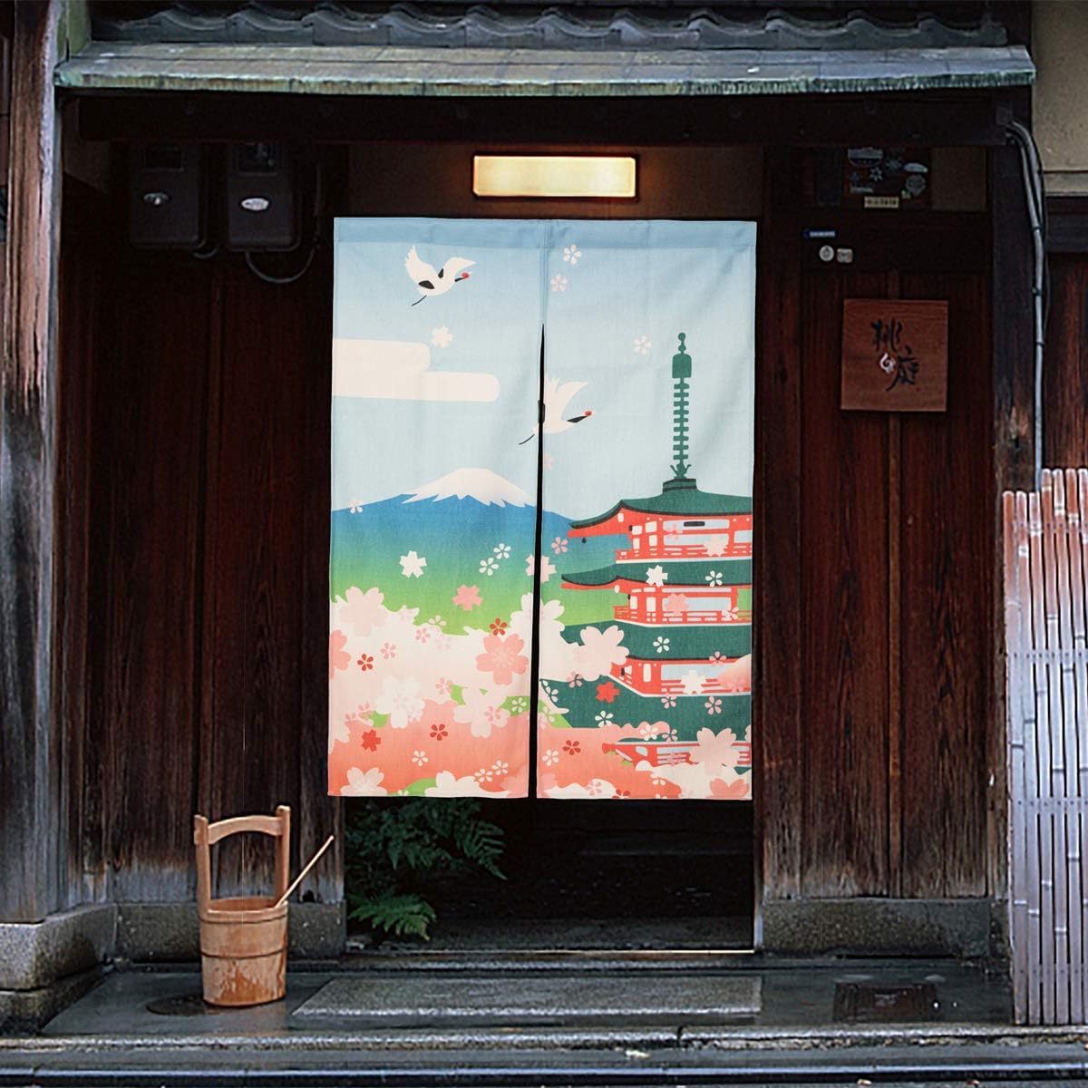 Cotton Linen Japanese Noren Door Curtain with Hokusai Temple Design