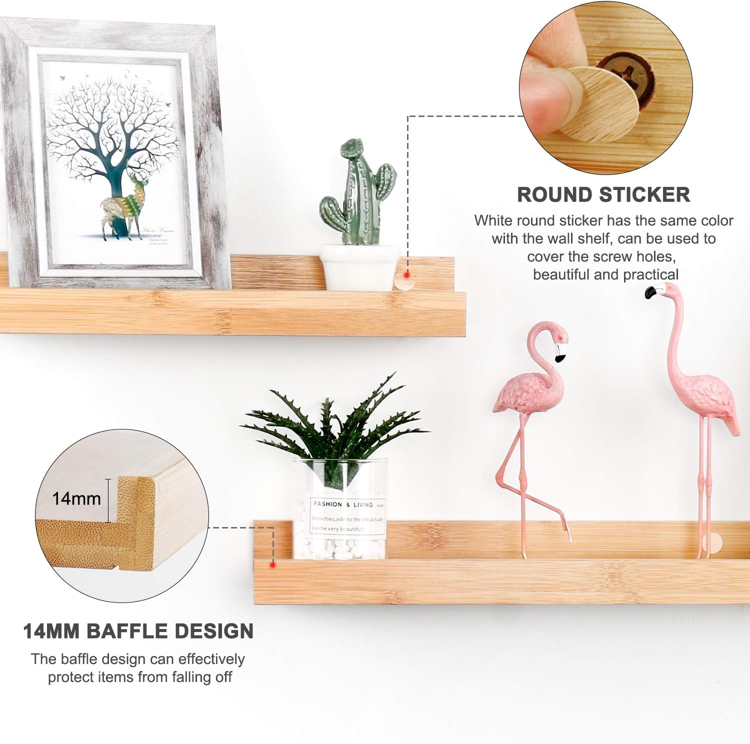 Natural Bamboo Floating Shelves Wall Mounted Decor Organizer
