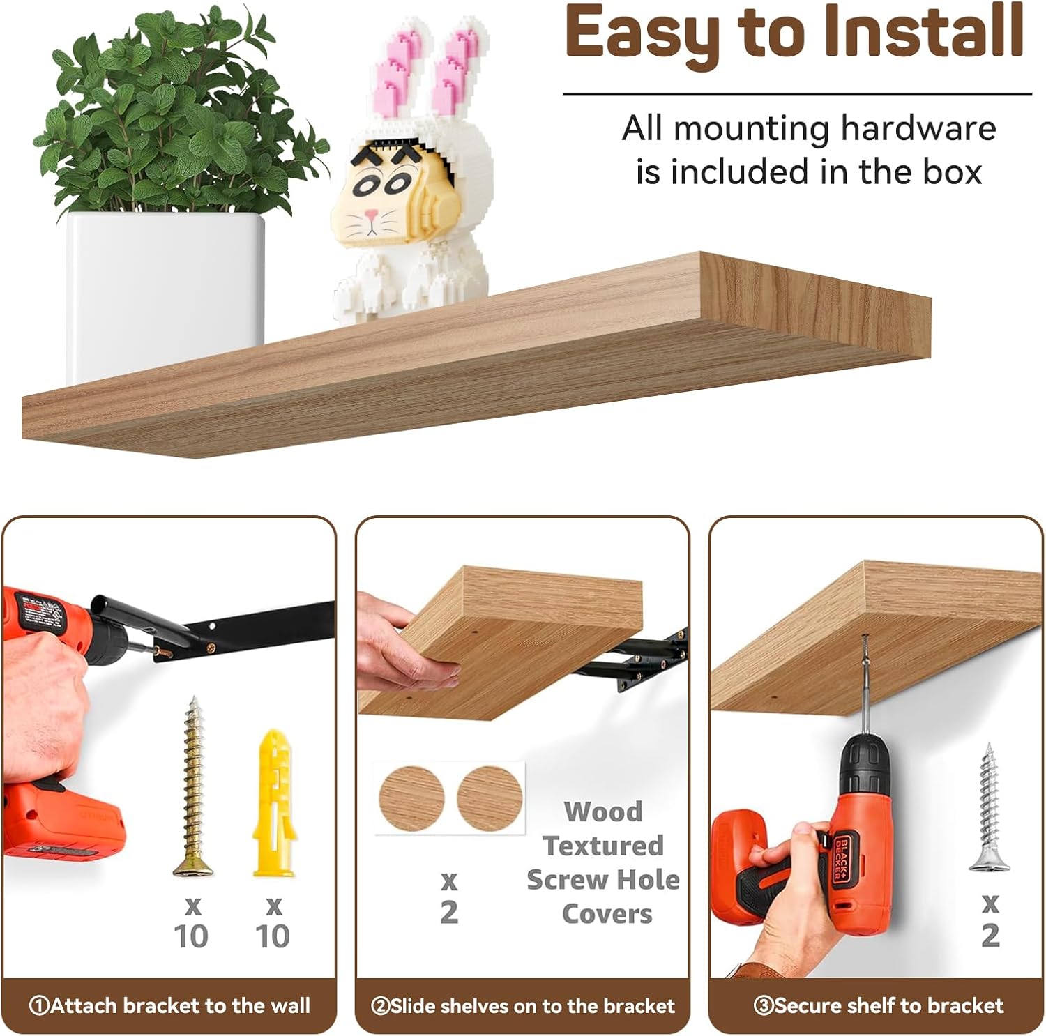 165in Floating Shelves Set of 2 Rustic Solid Wood Renter Friendly