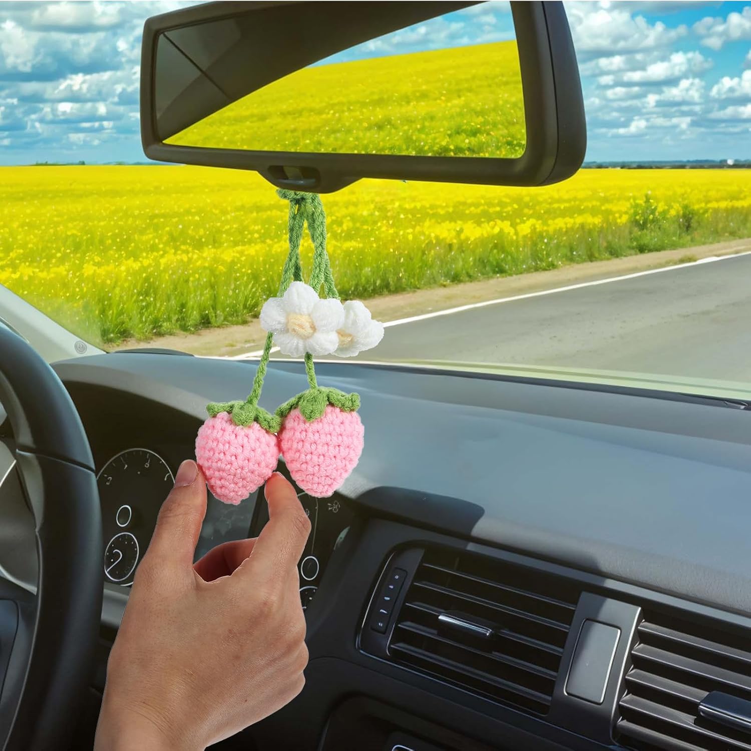 2 Pack Crochet Strawberry Flower Car Hanging Ornaments for Women