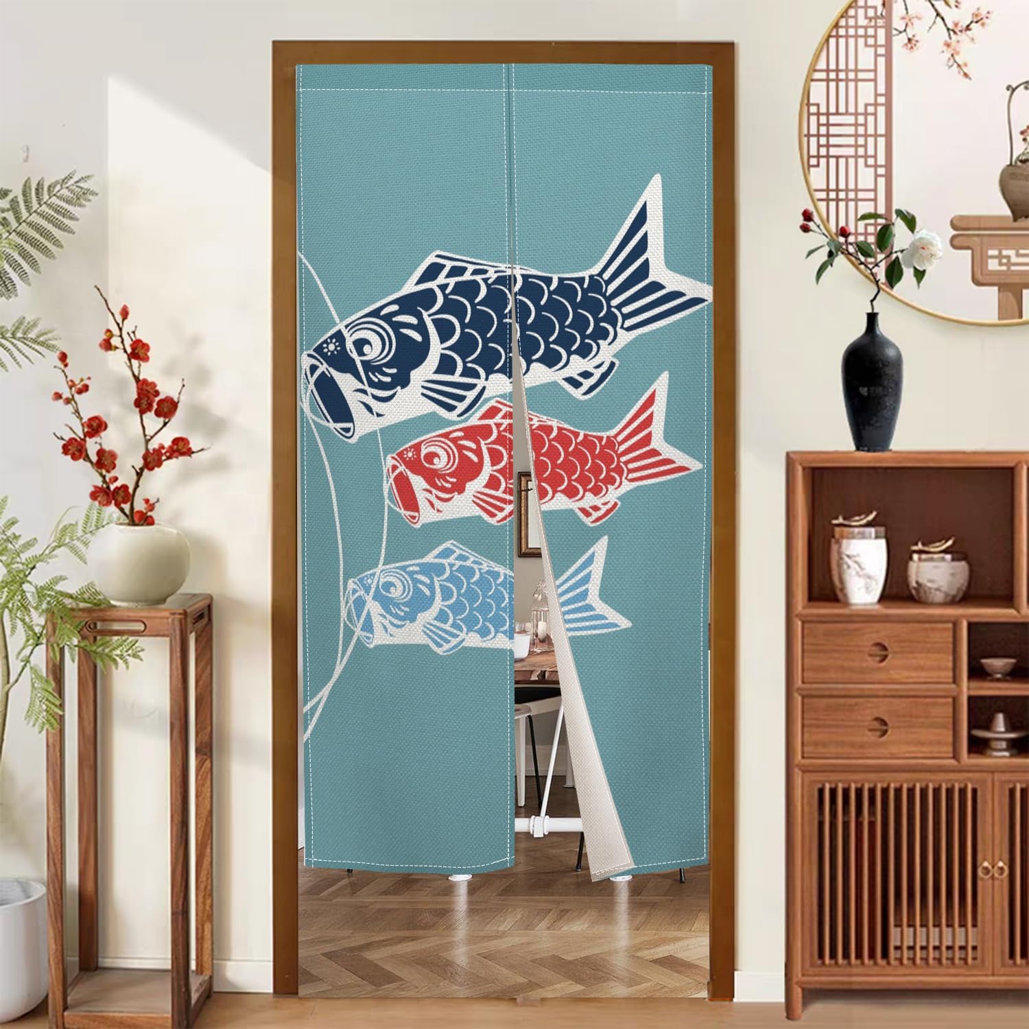 Traditional Long Style Japanese Noren Door Curtain with Blue Fishes Print