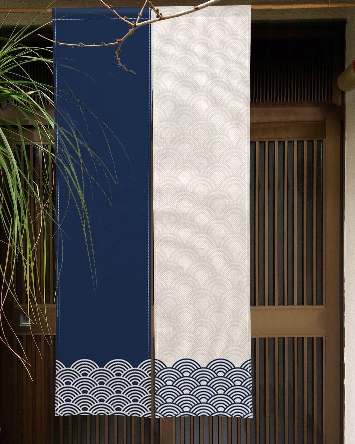 ChloropLastid Japanese Noren Door Curtain Blue Beige Wave Panel
