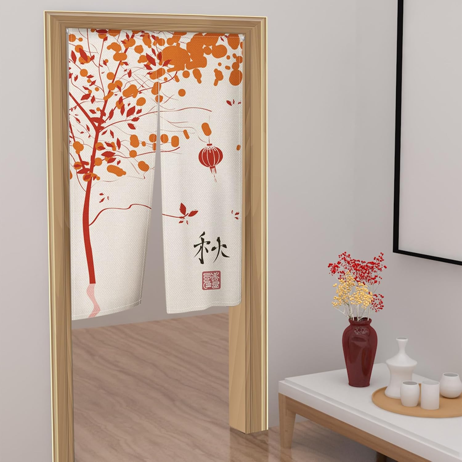 Japanese Noren Door Curtain with Fall Leaves Design