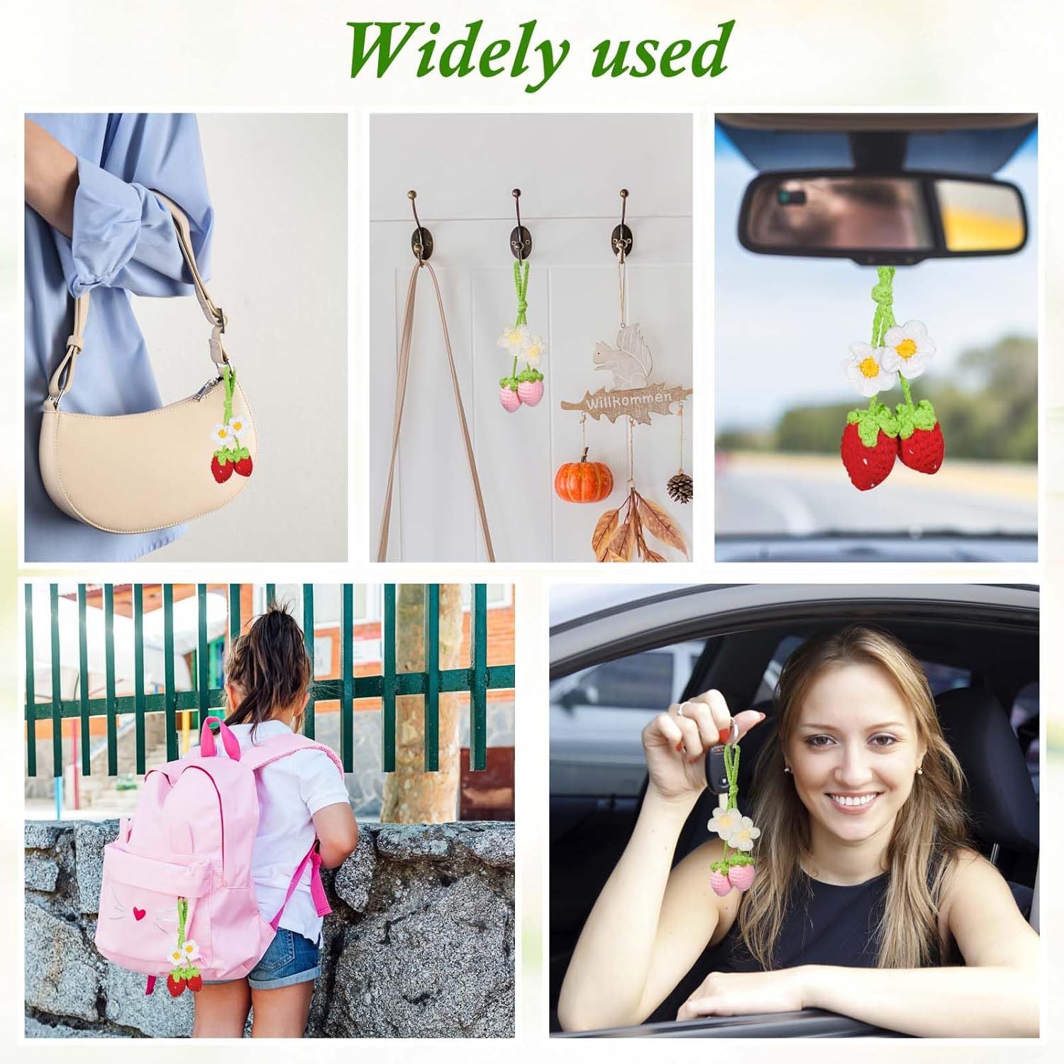 2pcs Crochet Strawberry Flower Plant Basket Car Hanging Decor