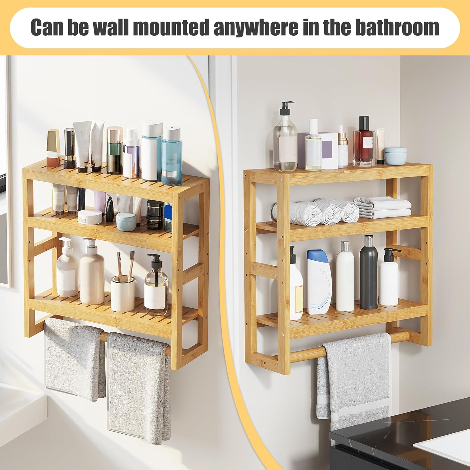 Bathroom Shelves with Hanging Bar Over Toilet - Adjustable Wall Organizer Natural