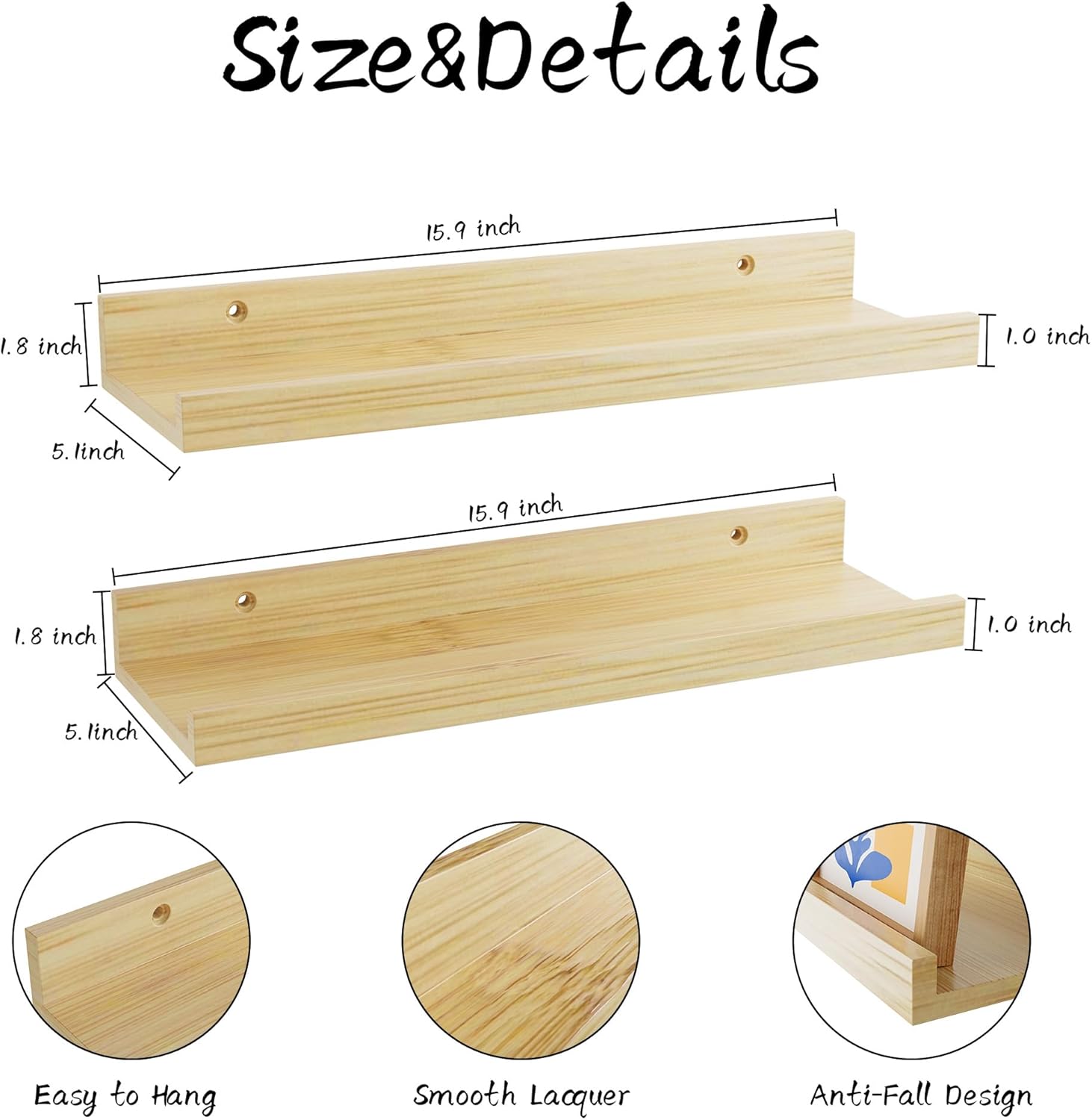 16 Inch Bamboo Floating Shelves Set of 2 with Lip