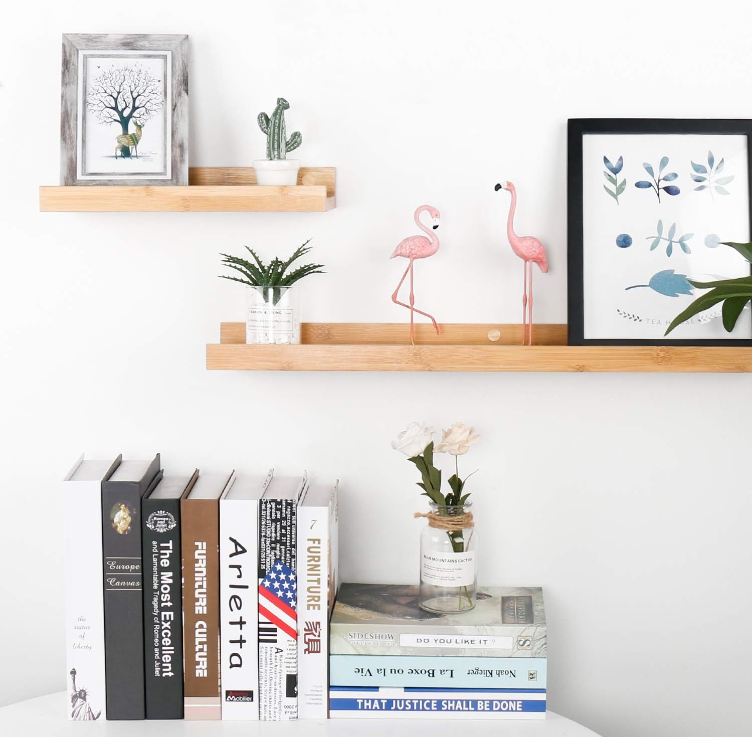 Natural Bamboo Floating Shelves Wall Mounted Decor Organizer