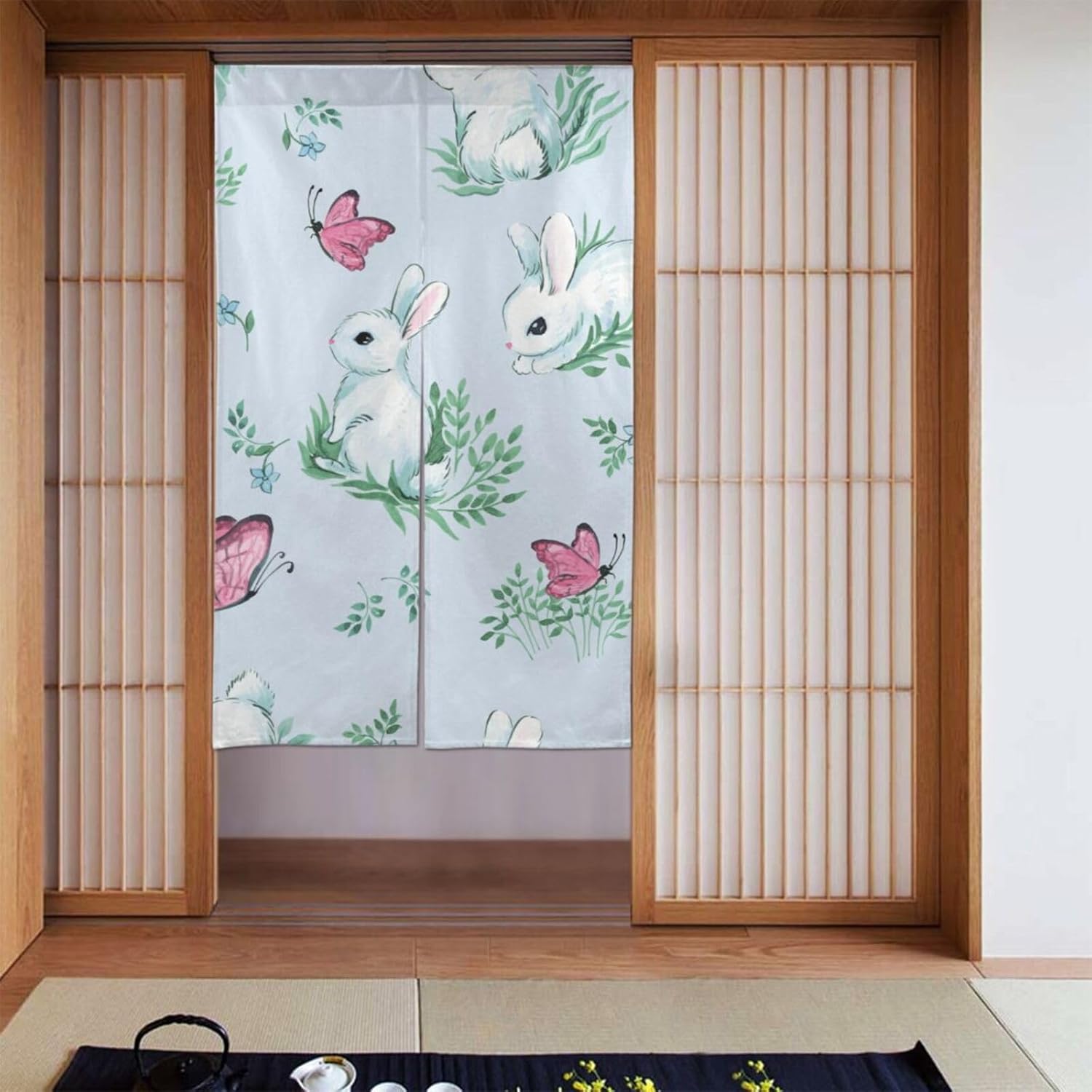Japanese Doorway Curtain White Rabbit and Butterfly Design