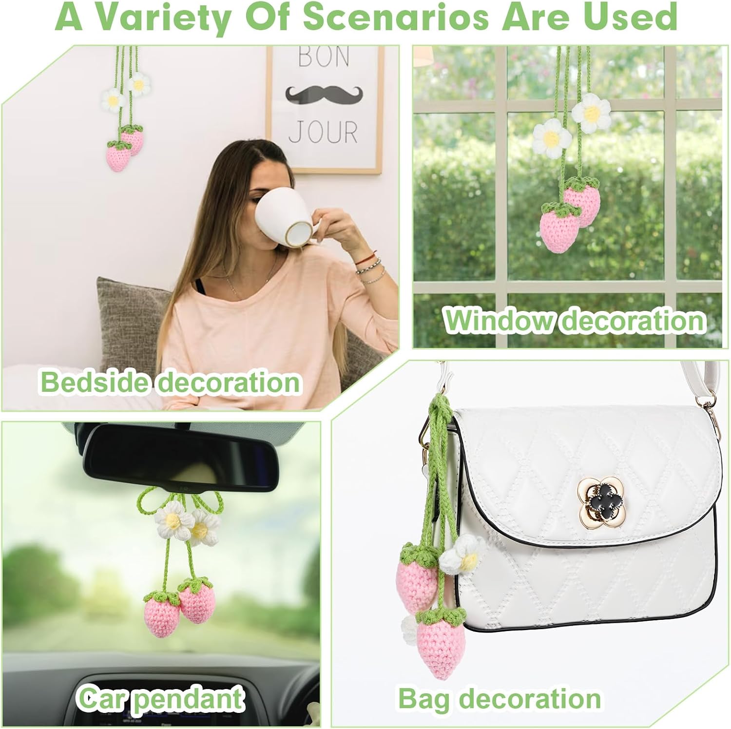 Crochet Car Mirror Hanger Strawberry Flower Girly Decoration