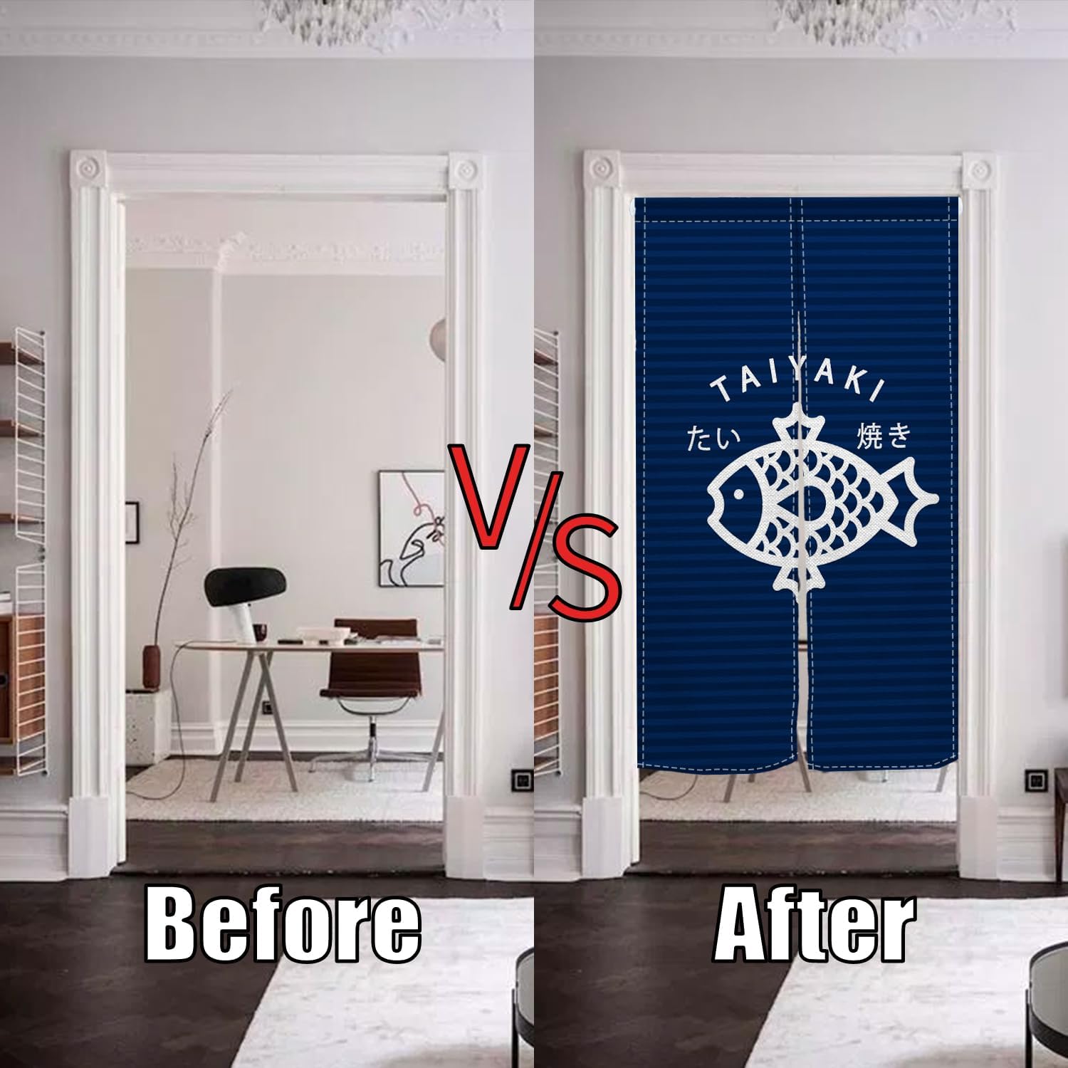 Traditional Japanese Noren Doorway Curtain with Taiyaki Print
