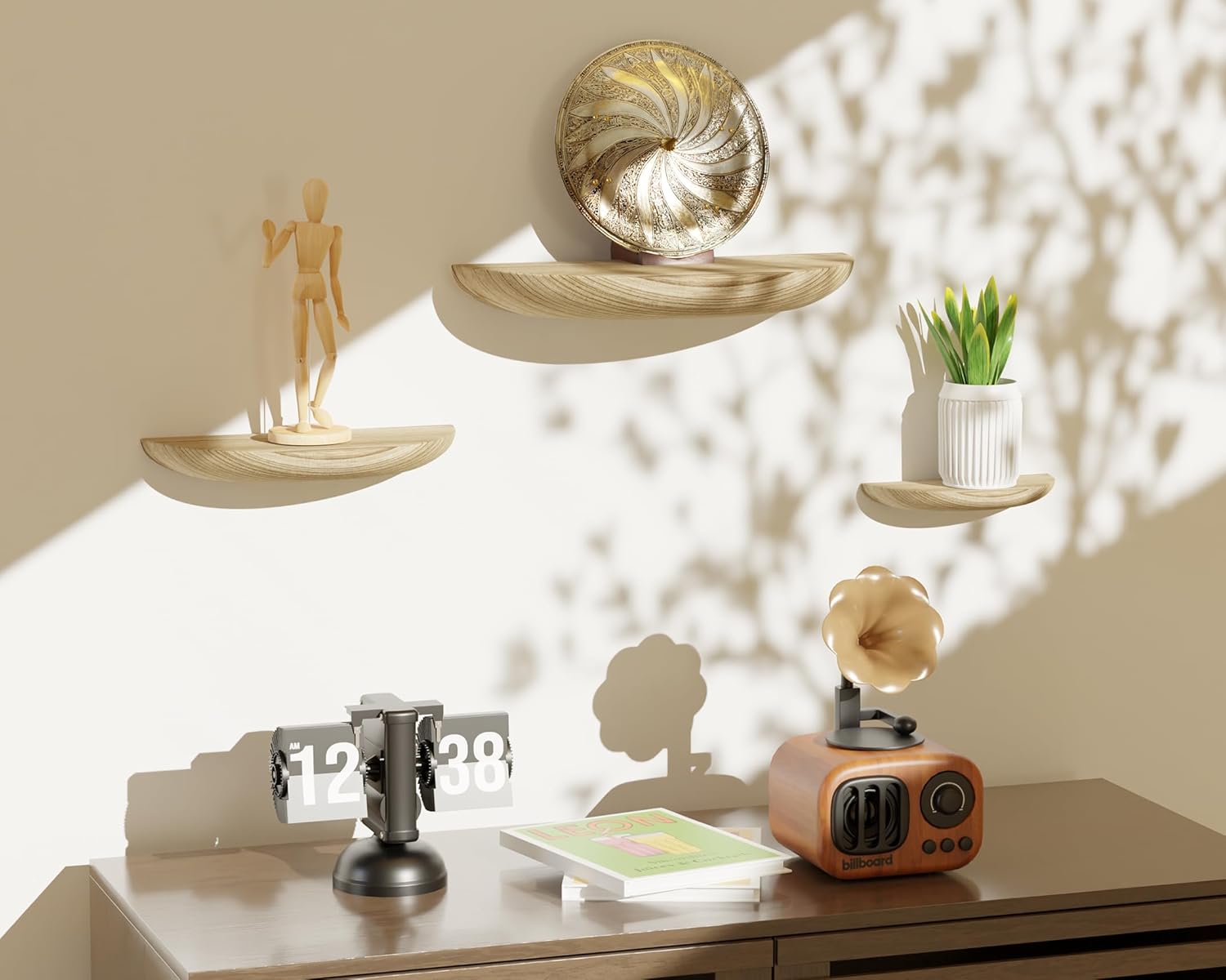 Solid Wood Half Round Floating Wall Shelves Light Brown