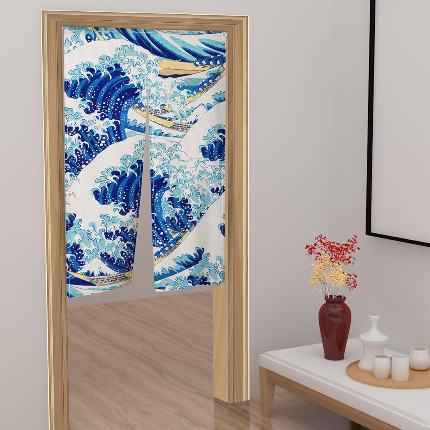 Leowefowa Noren Curtain Blue Great Wave Ukiyoe Design