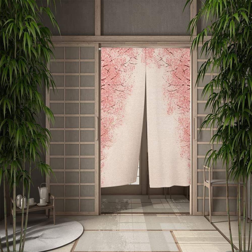 Leowefowa Pink Cherry Blossom Noren Curtain