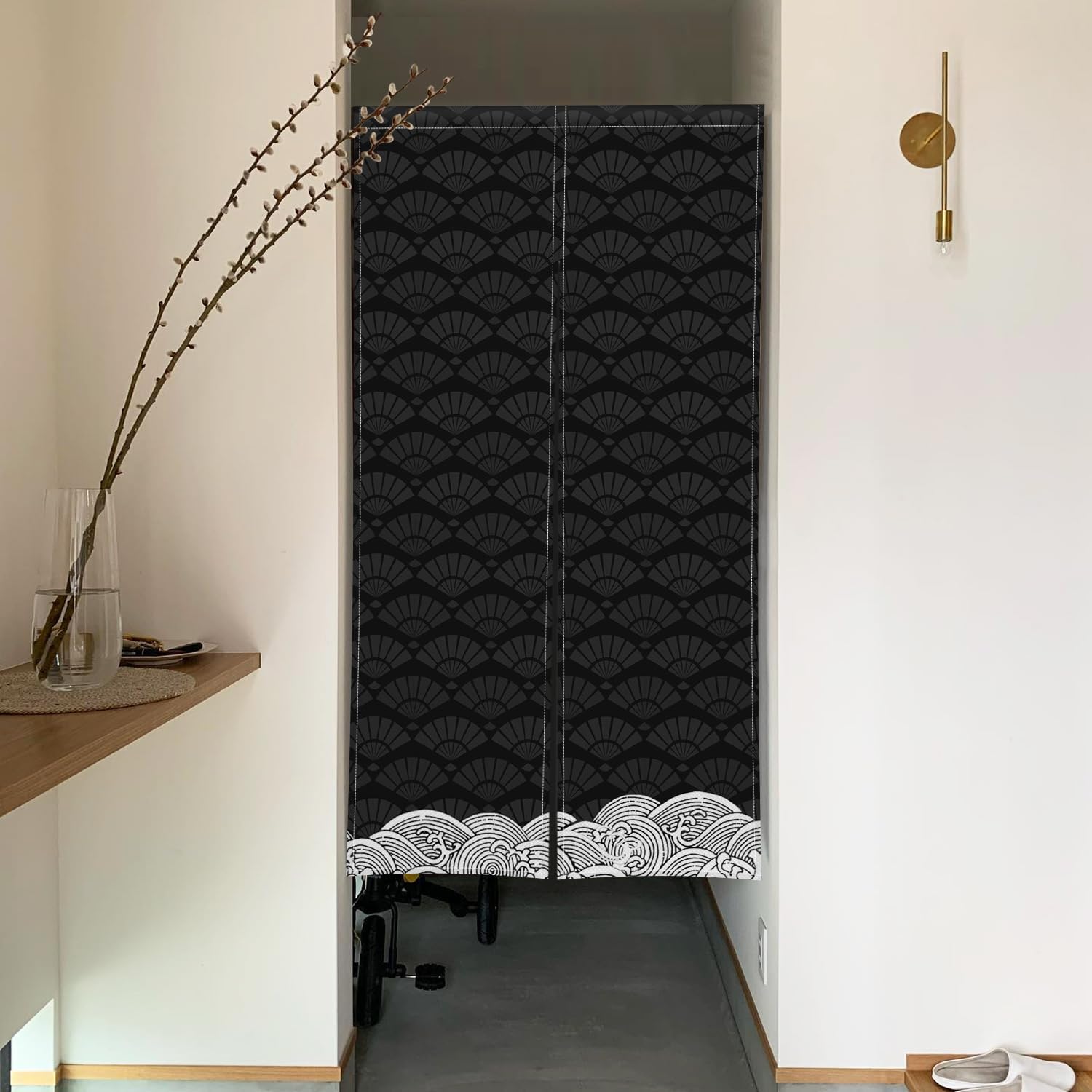 ChloropLastid Long Japanese Noren Curtain Black Beige Wave