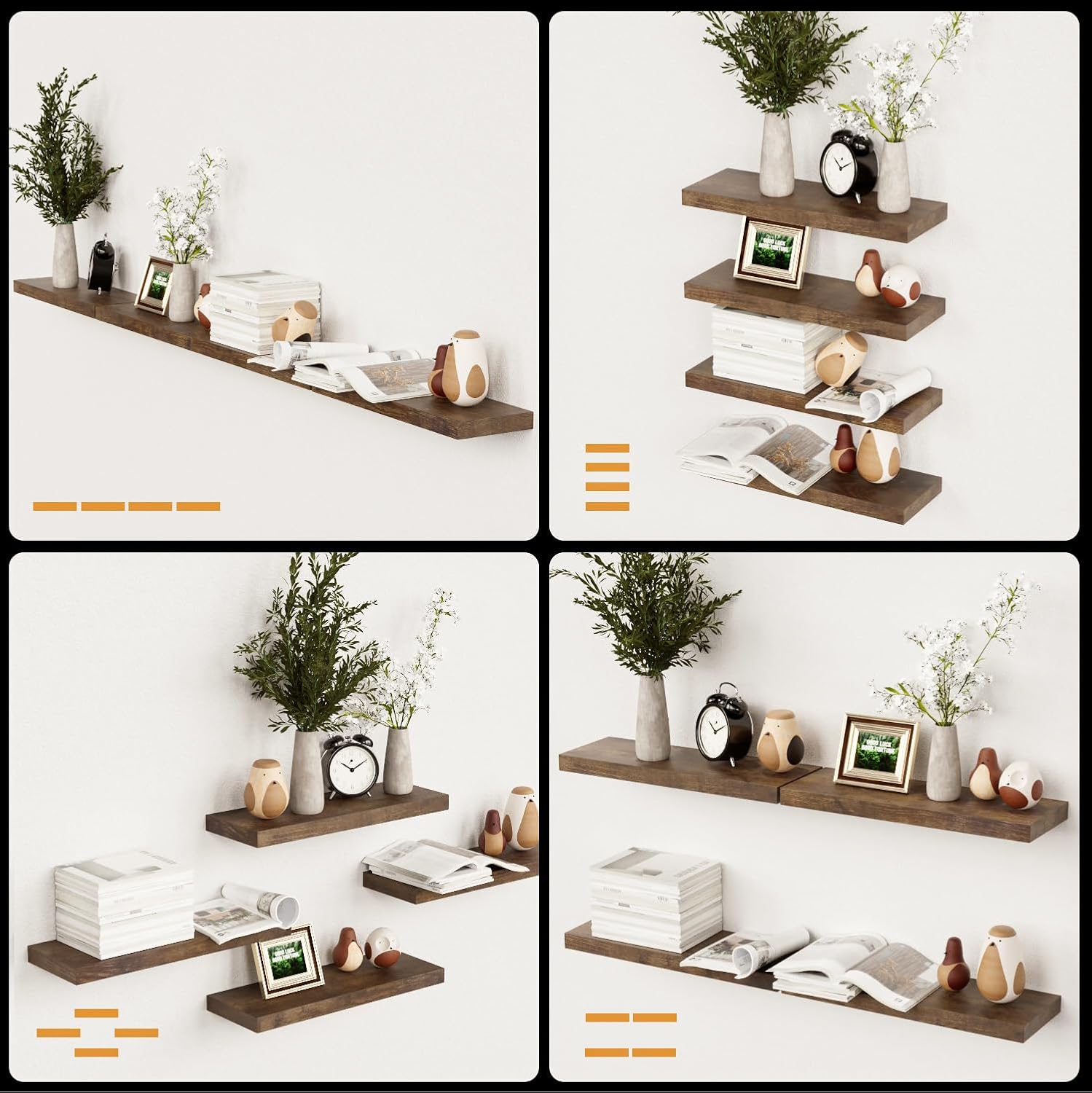 Boswillon Floating Shelves 4 Set Modern Wall Mounted Storage Shelves Rustic Brown