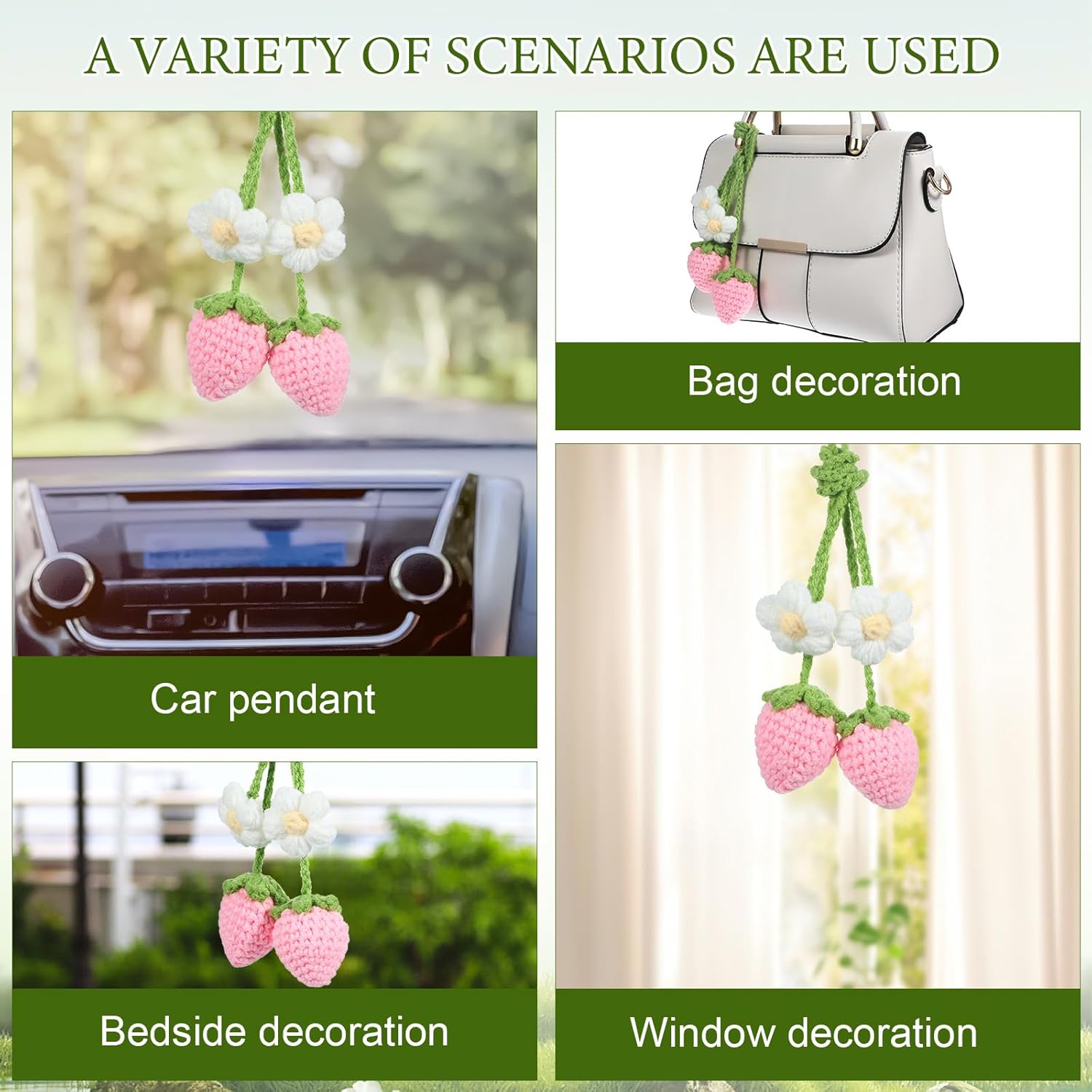 2 Pack Crochet Strawberry Flower Car Hanging Ornaments for Women