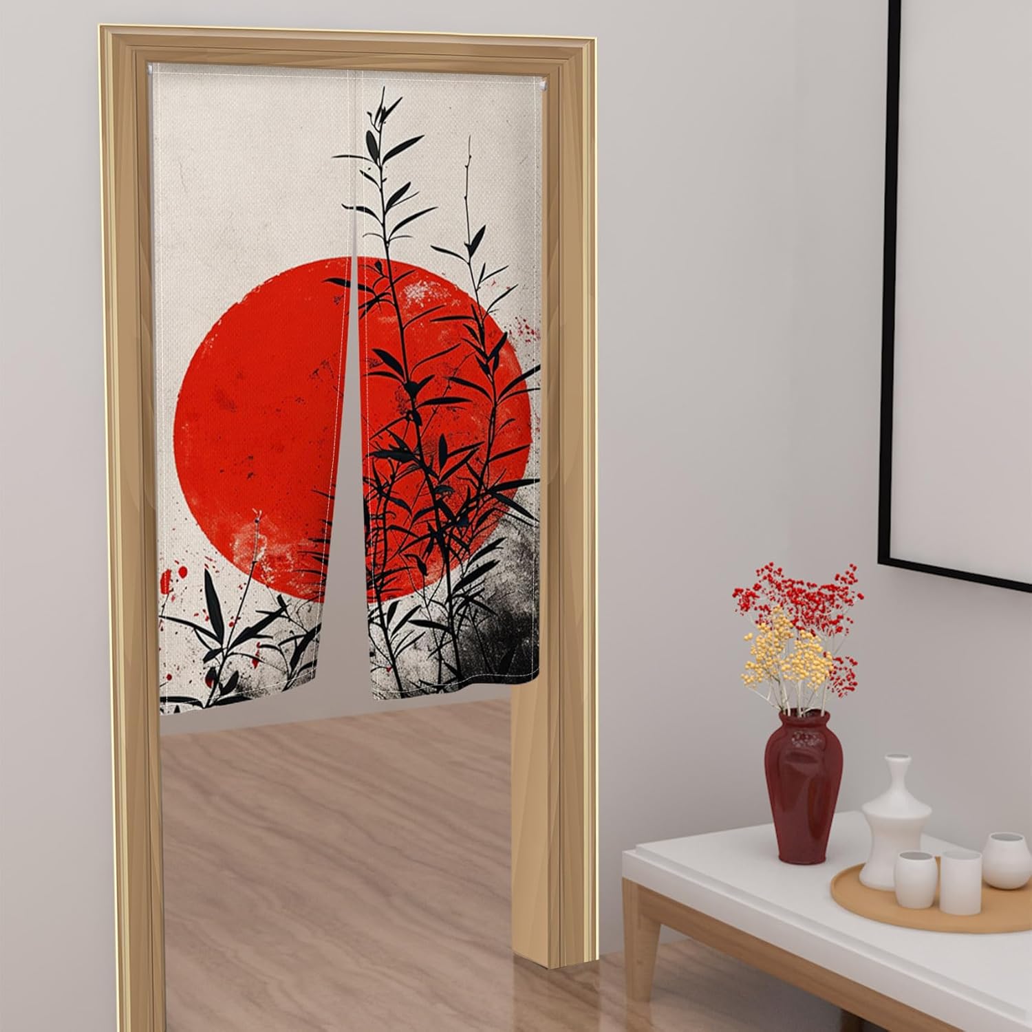 Japanese Noren Door Curtain with Red Moon Pattern