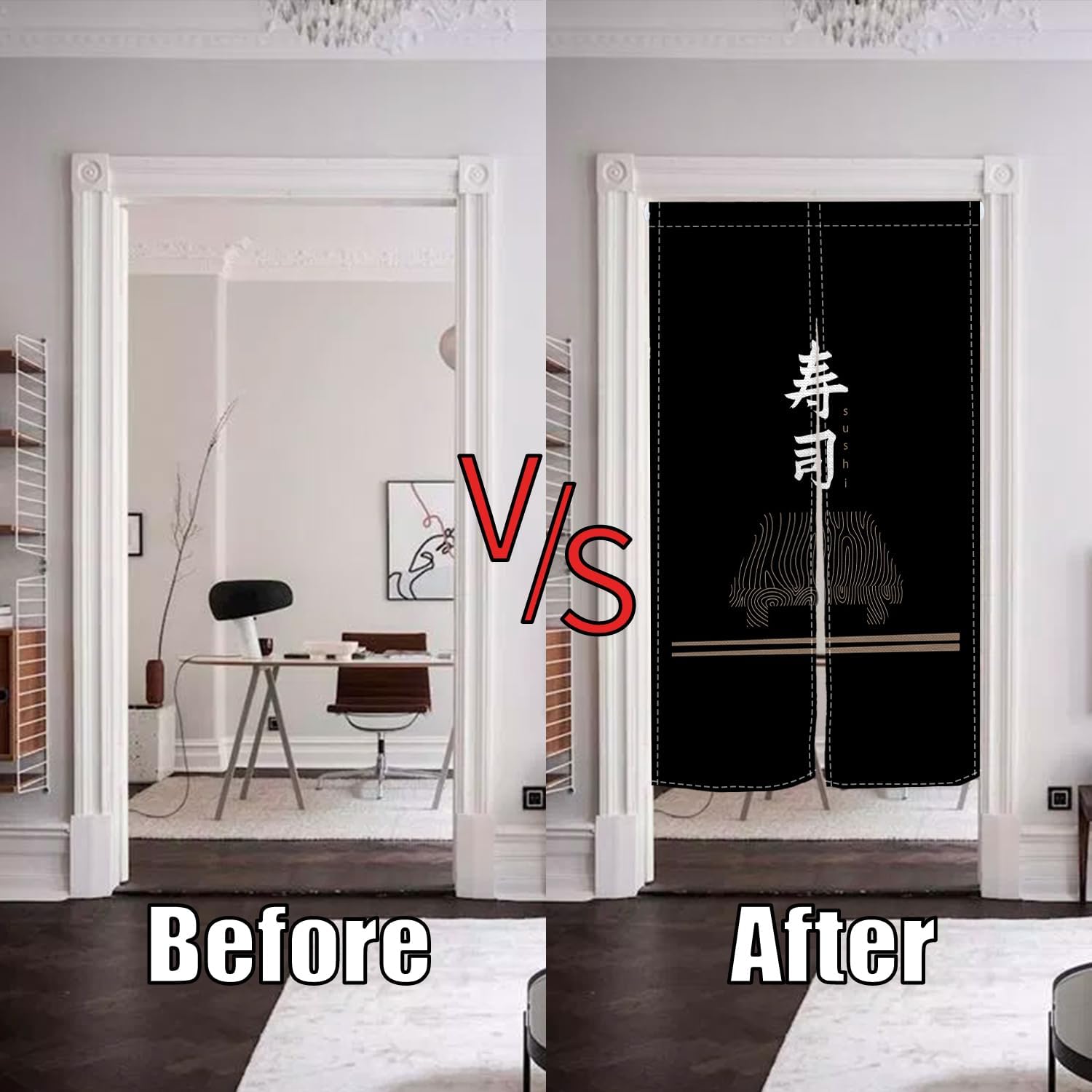 Traditional Japanese Style Door Curtain Black Sushi Pattern