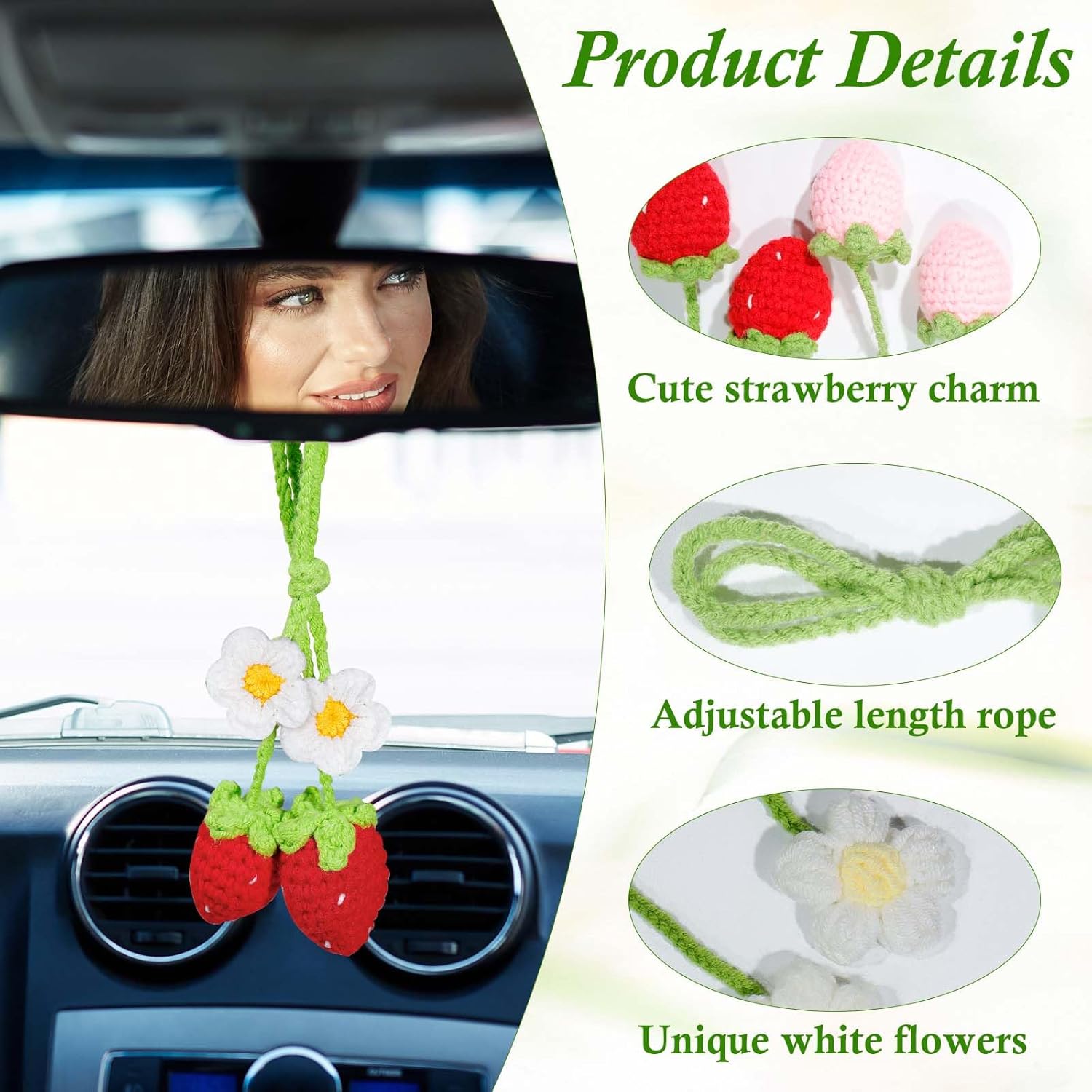 2pcs Crochet Strawberry Flower Plant Basket Car Hanging Decor