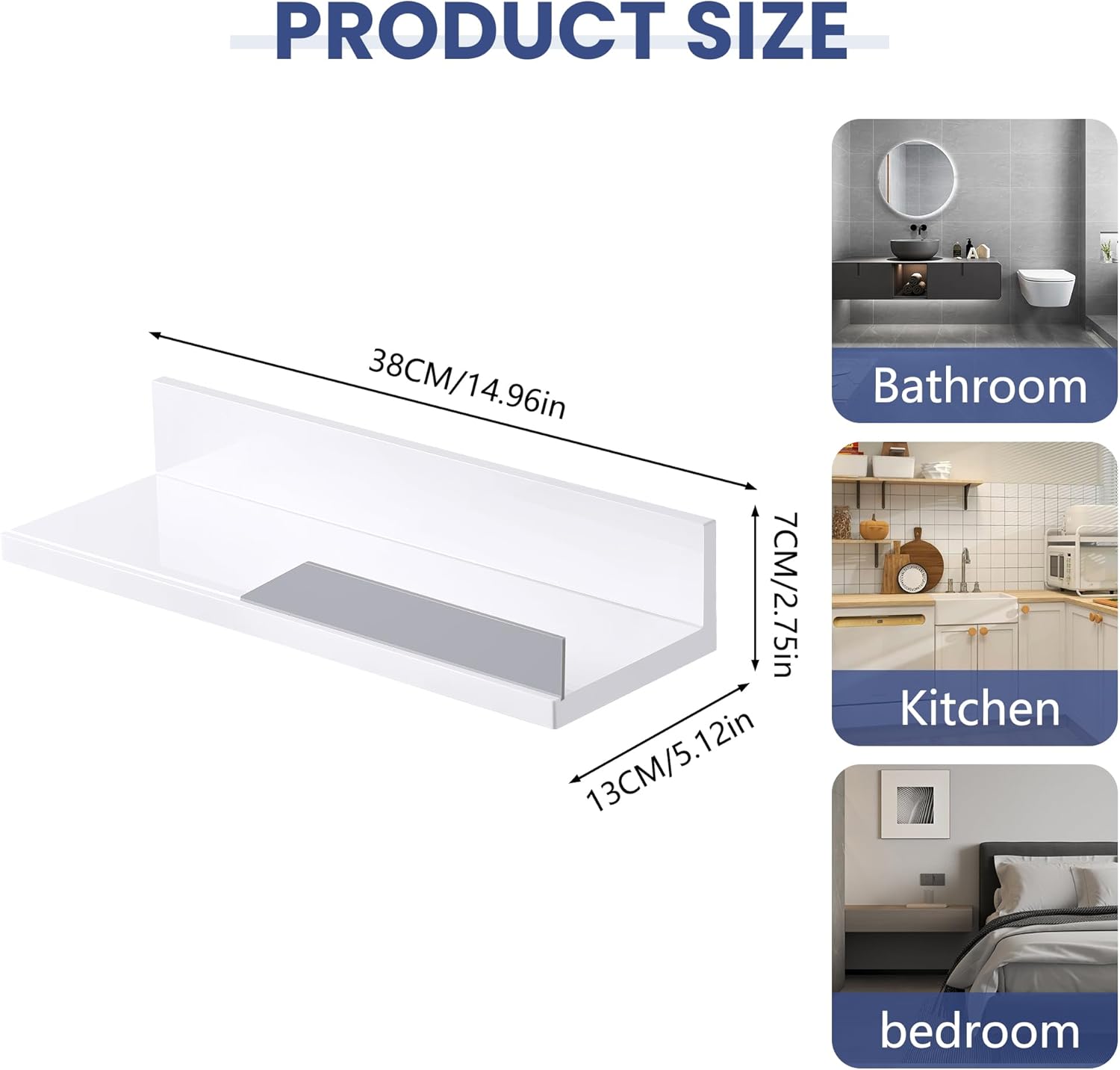 JOMOLA Adhesive Floating Shelf Gray Guard No Drilling Wall Mount Storage Rack