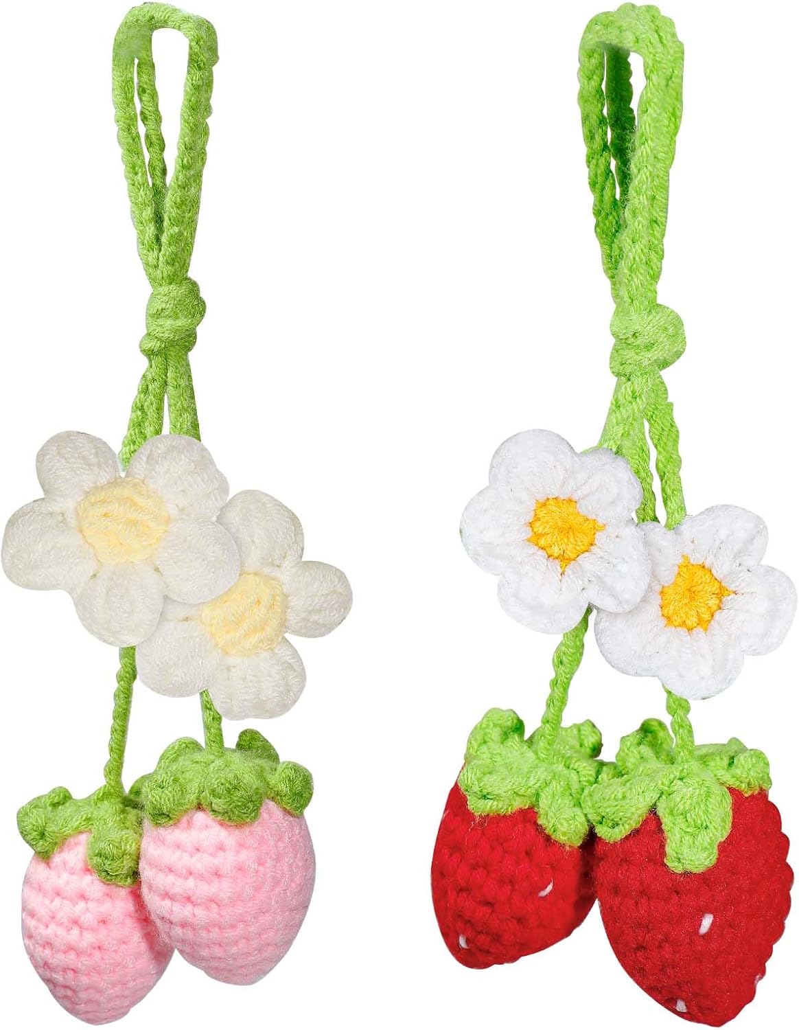 2pcs Crochet Strawberry Flower Plant Basket Car Hanging Decor