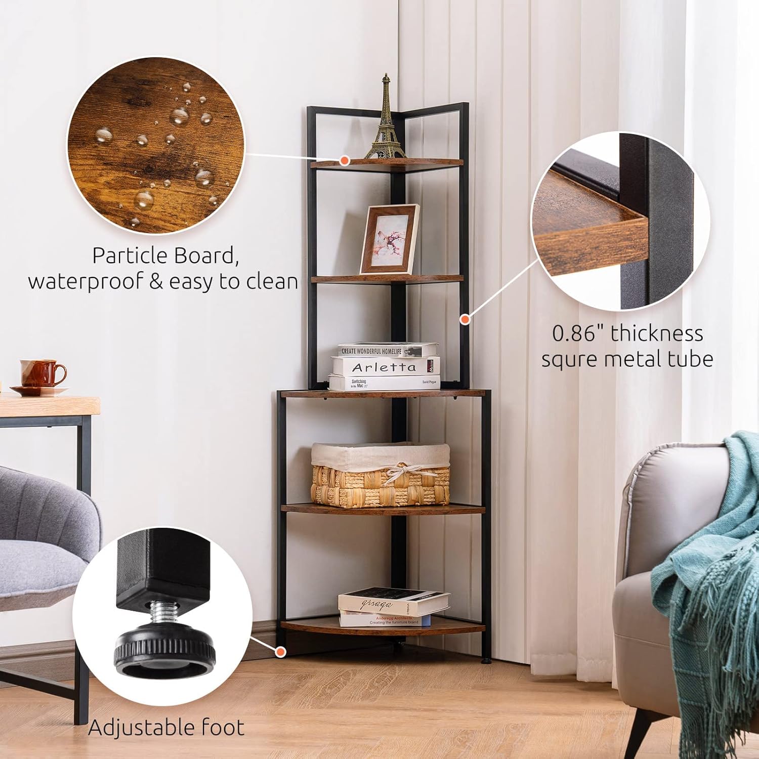 Apicizon 5 Tier Corner Shelf with Metal Frame
