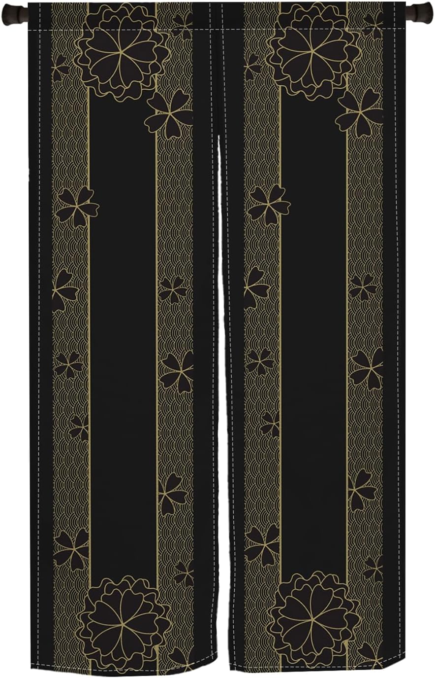 Noren Door Curtain with Gold Flowers Pattern 34x60 Inches